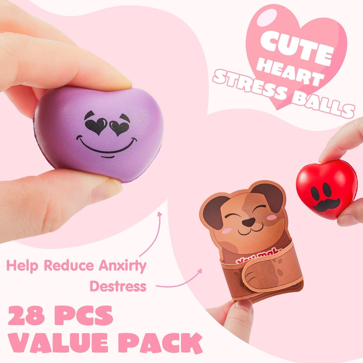 28 Packs Heart Stress Ball with Valentine Cards Heart Shape Squishy Toy Stress Relief Fidget Toy with Valentine’S Greeting Cards for Kids Valentine'S Day Gifts Party Favors, Classroom Exchange