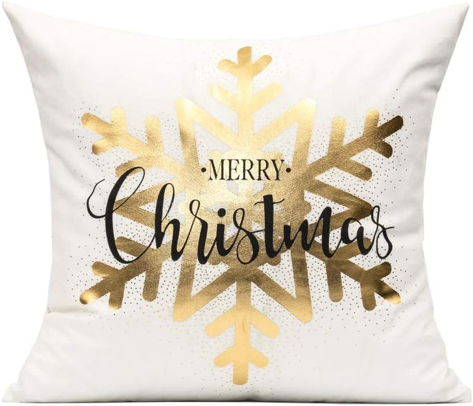 White Gold Christmas Decorations Throw Pillow Covers 18X18 Set of 4 Winter Xmas Navidad Home Holiday Décor Velvet Cushion Cases for Sofa Tree Snowflake Reindeer