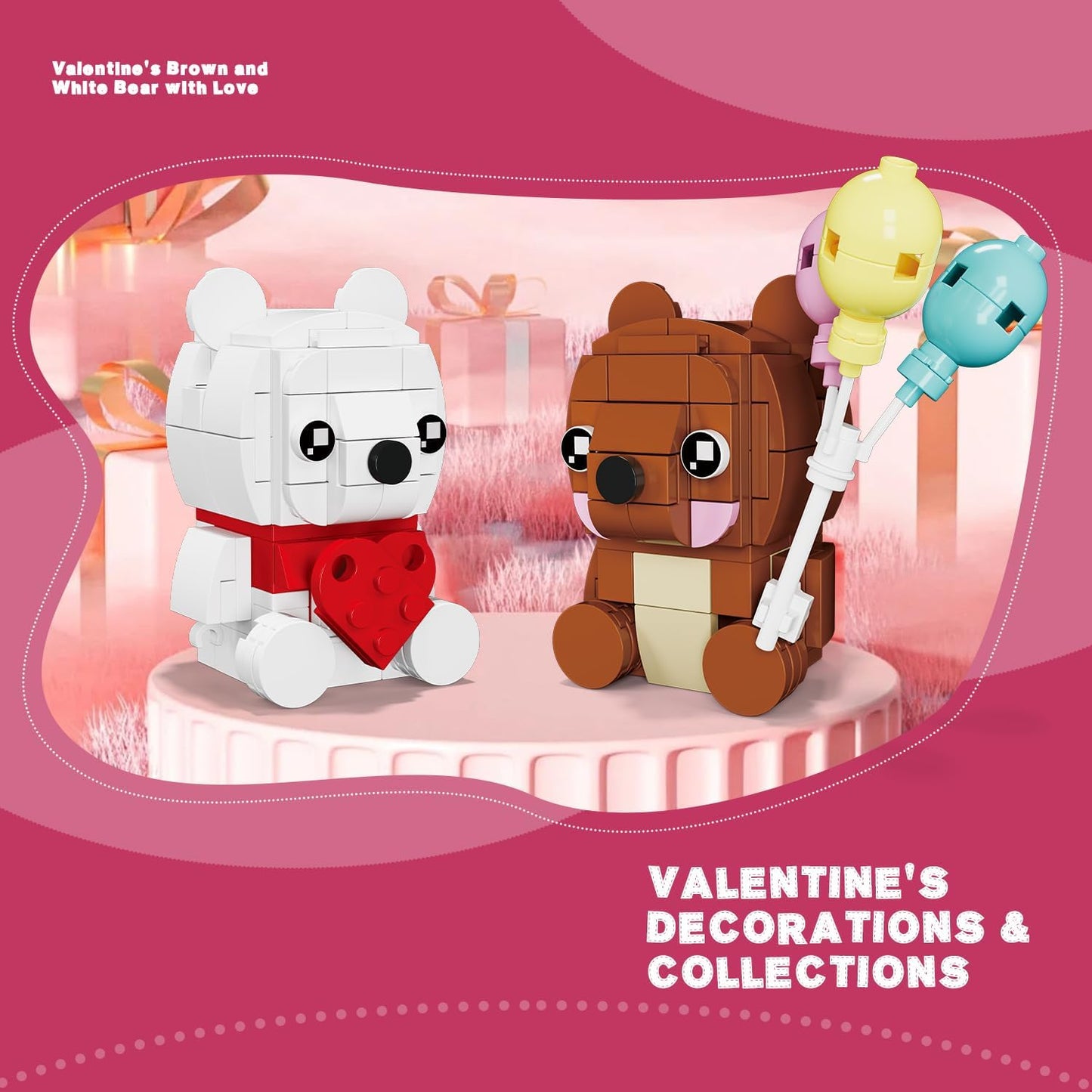 Valentine'S Brown and White Bear Toys, Love Heart Ornament Frame Building Blocks Set, Valentine'S Day Gift Bricks Toy School Classroom Gift Exchange for Kids