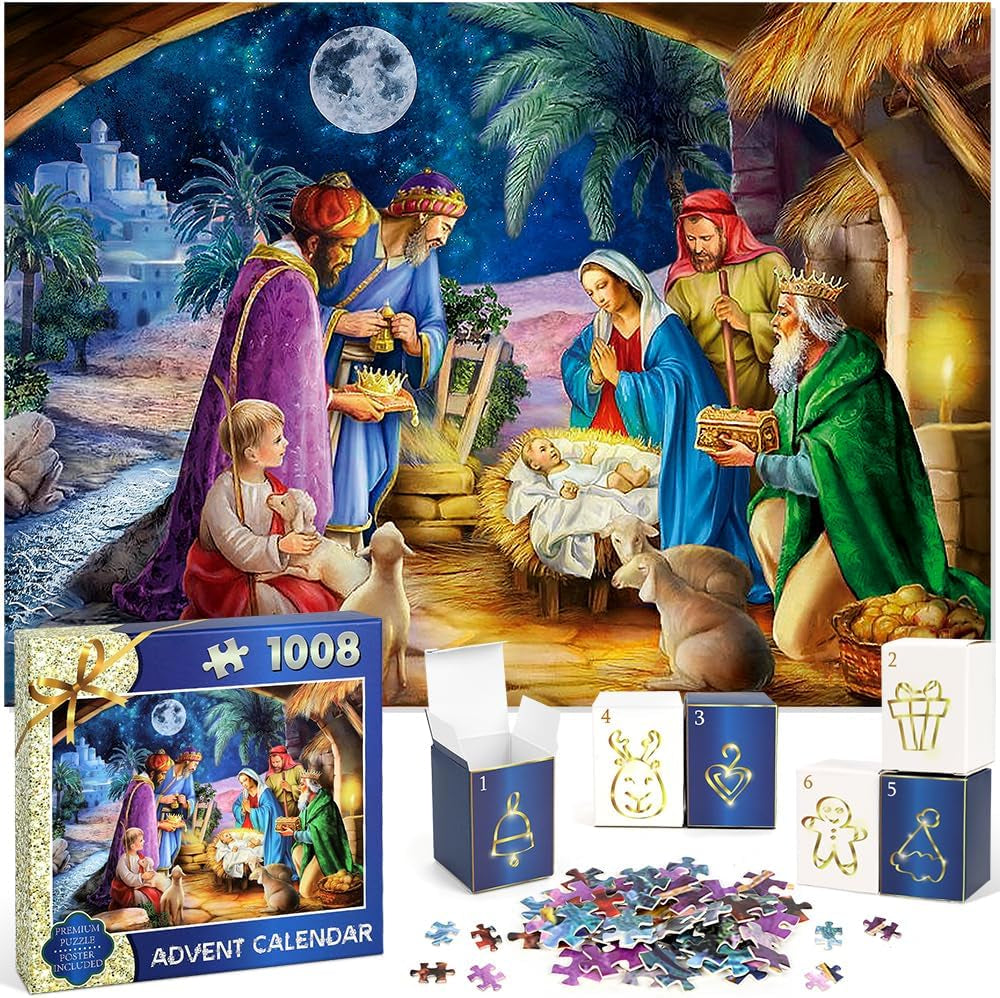 Advent Calendar 2024 Christmas Jigsaw Puzzles, Christmas Countdown Calendar for Kids Teens Adults, 24 Days of Christmas Advent Calendar with 1008 PCS Puzzles, Christmas Gifts Home Decorations, G7871