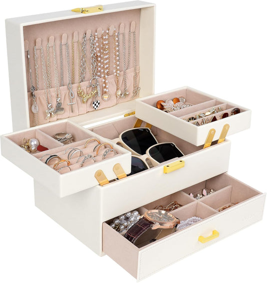 Jewelry Box for Women, 3 Layers Large Jewelry Organizer Box, Jewelry Storage Case for Earring, Ring, Necklace, Bracelets (Cloud White + Gold)