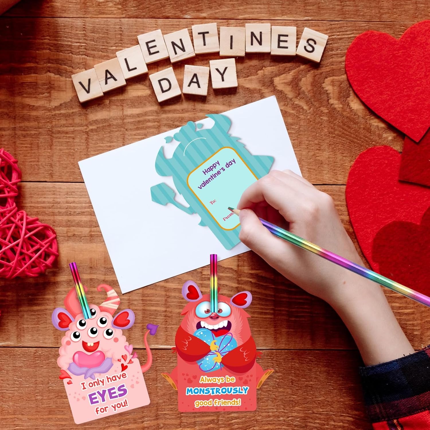 24 Pack Valentines Cards with Rainbow Pencil Valentines Day Cards Pencils Valentine Cards Party Favor for Girls Boys School Classroom Exchange Gifts Prizes Supplies(Monster)