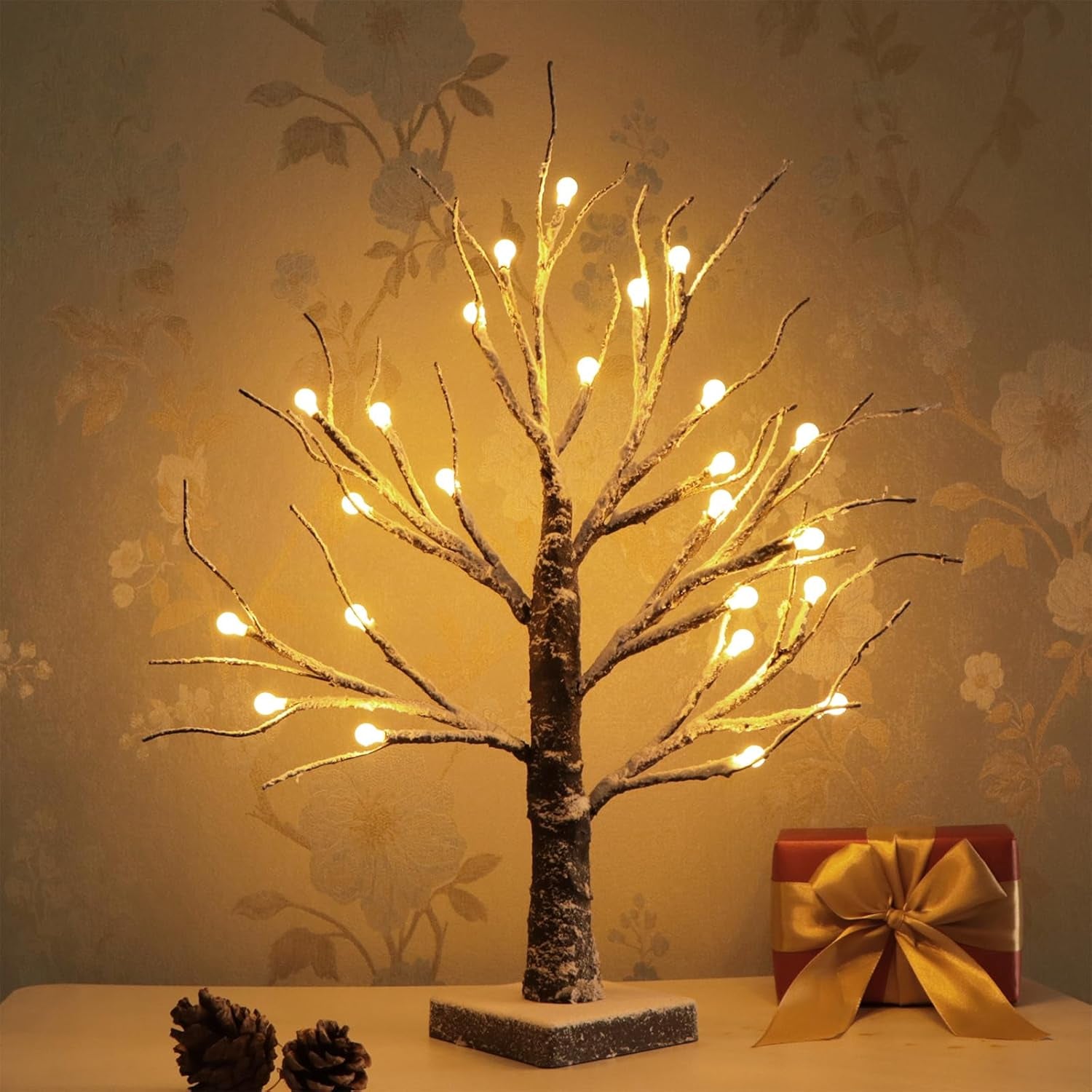 Valentines Day Decor Table Lamp Artificial Tree Decorations, 48 LED Adjustable Branches Bonsai Tree, Warm White 18” Lighted Snow Dusted Tree for Home Wedding Dinner Party DIY Gift