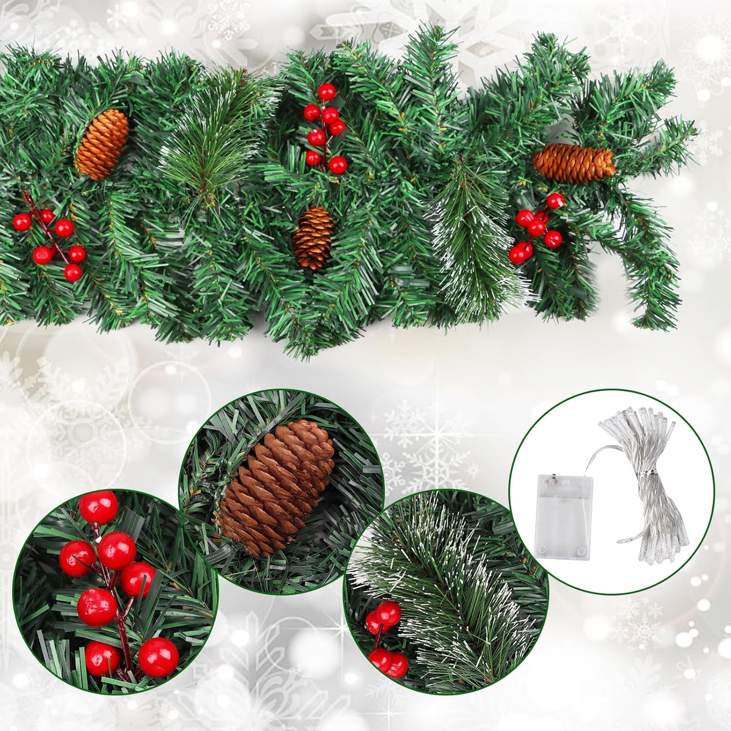 9FT Christmas Lighted Artificial Garland, Xmas Battery Operated Green Rattan with 50 Lights Pine Cones Red Berries for Fireplace Stair Mantle Indoor Outdoor Home Fireplace Porch Decoration(A)