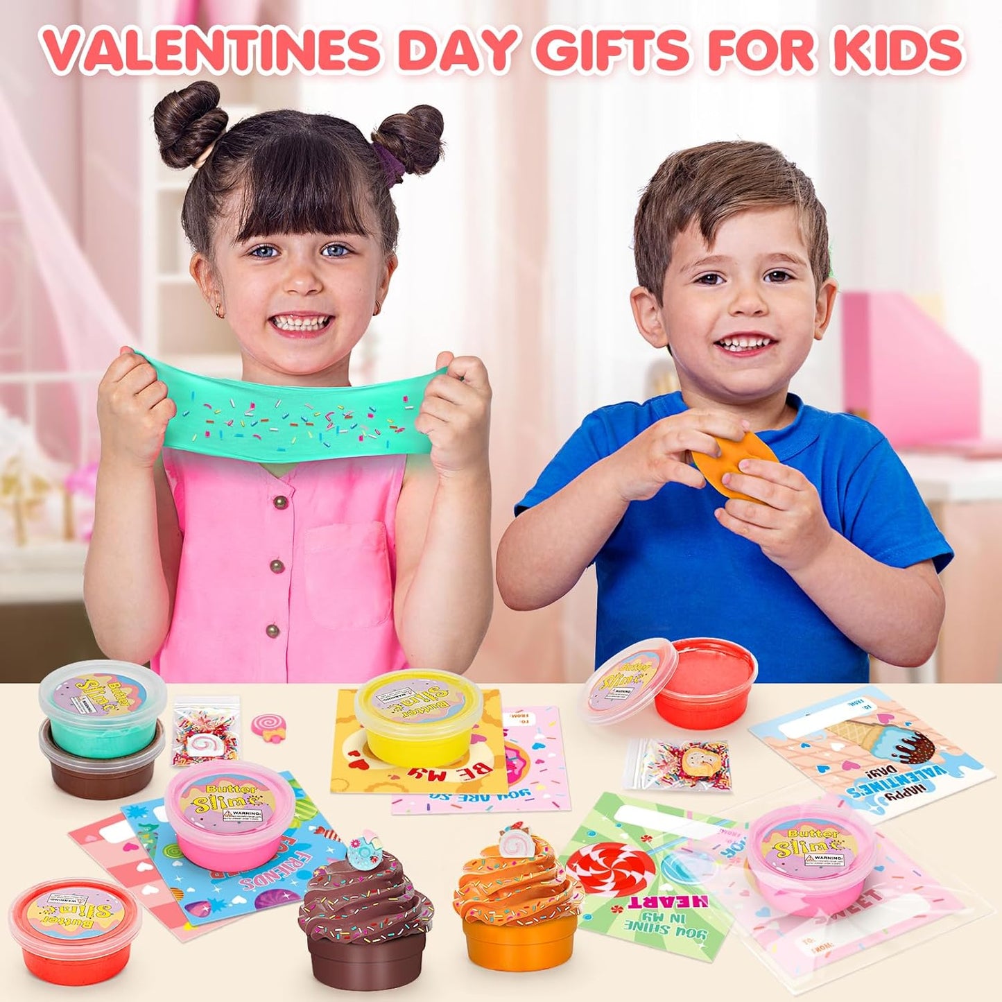 Valentines Day Cards for Kids School, 30 Pack Valentines Day Gifts for Kids with Butter Slime, Valentines School Classroom Exchange Gift for Party Favor, Slime Toys for Boys Girls