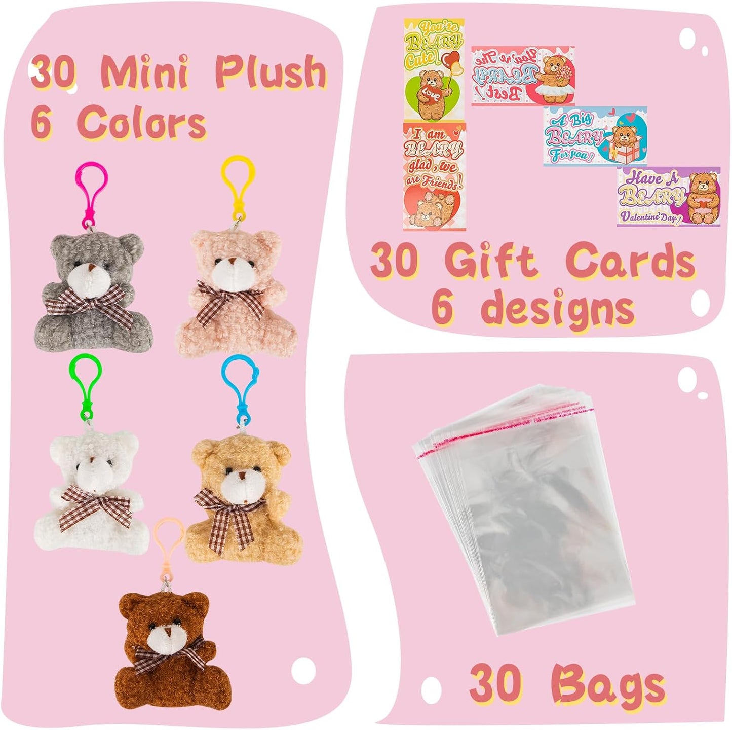 30 Pack Valentine'S Day Gift Cards with Plush Bears Plush Toys, Mini Stuffed Animal Plush Toys Decoration Valentines Cards for Kids Boys Girls, Classroom School Exchange Prizes Party Favor