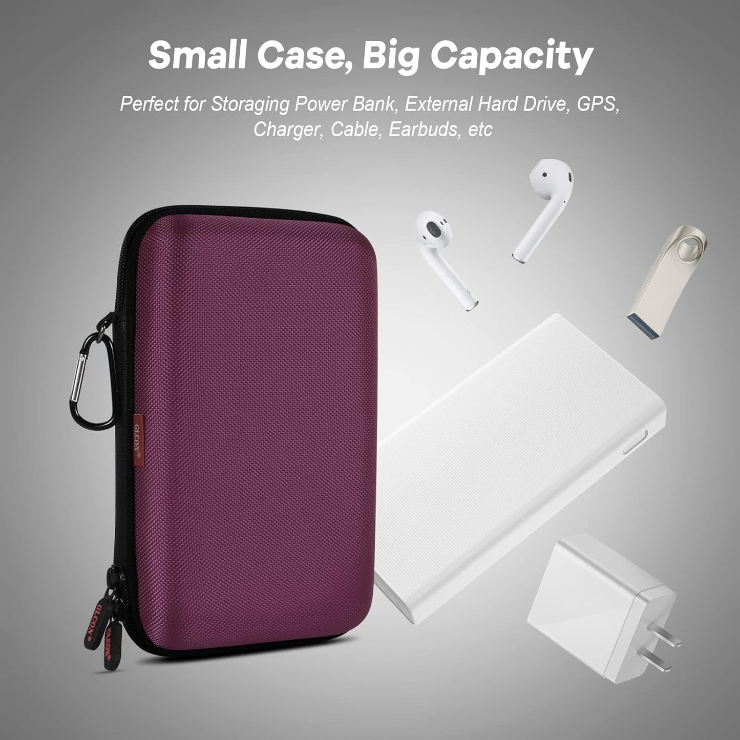 Deep Purple Carrying Case Hard Storage Case Electronics Organizer Tech Pouch for Hard Drive, Power Bank, Cell Phone, Charger Enclosure - Portable Travel Case Bag with Carabiner