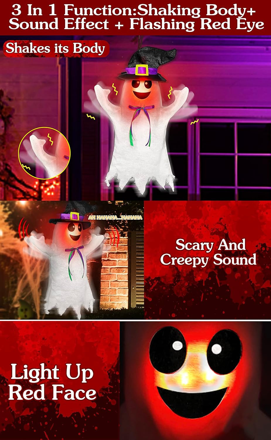 [Shaking Motion] Sound-Activated Hanging Halloween Animatronic Ghost with Shaking Motion, Creepy Sounds, and Light-Up Red Face, Scary Flying Ghost Prop Outdoor Halloween Decorations for Yard, Patio