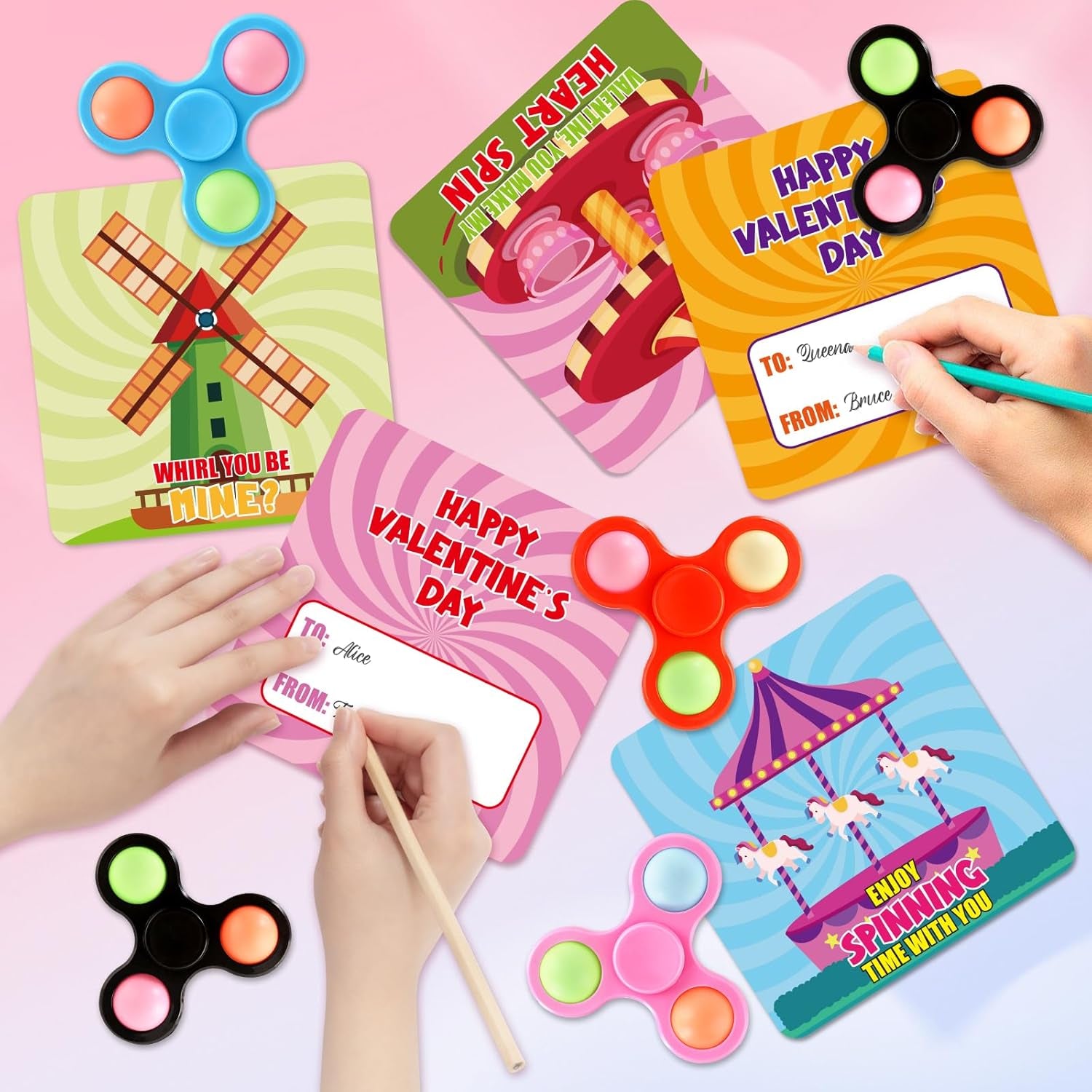 28Pack Valnetine Day Gifts for Kids Classroom School Exchange, Kids Valentine Day Greeting Cards with Spinner Toys, Valentine Day Exchange Cards Gifts for Kids Valentine'S Day Party Favors