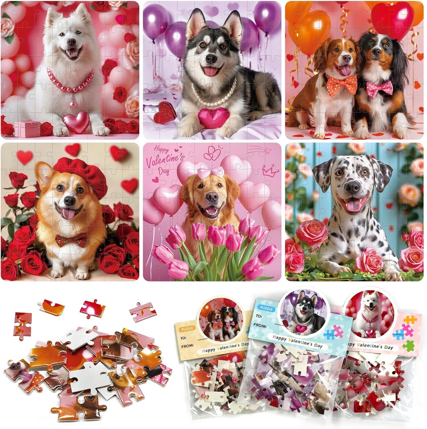 24 Packs Valentine Day Gifts for Kids with Cards Dogs Jigsaw Puzzles Goodies Bags Classroom Gifts Exchange for Boys and Girls