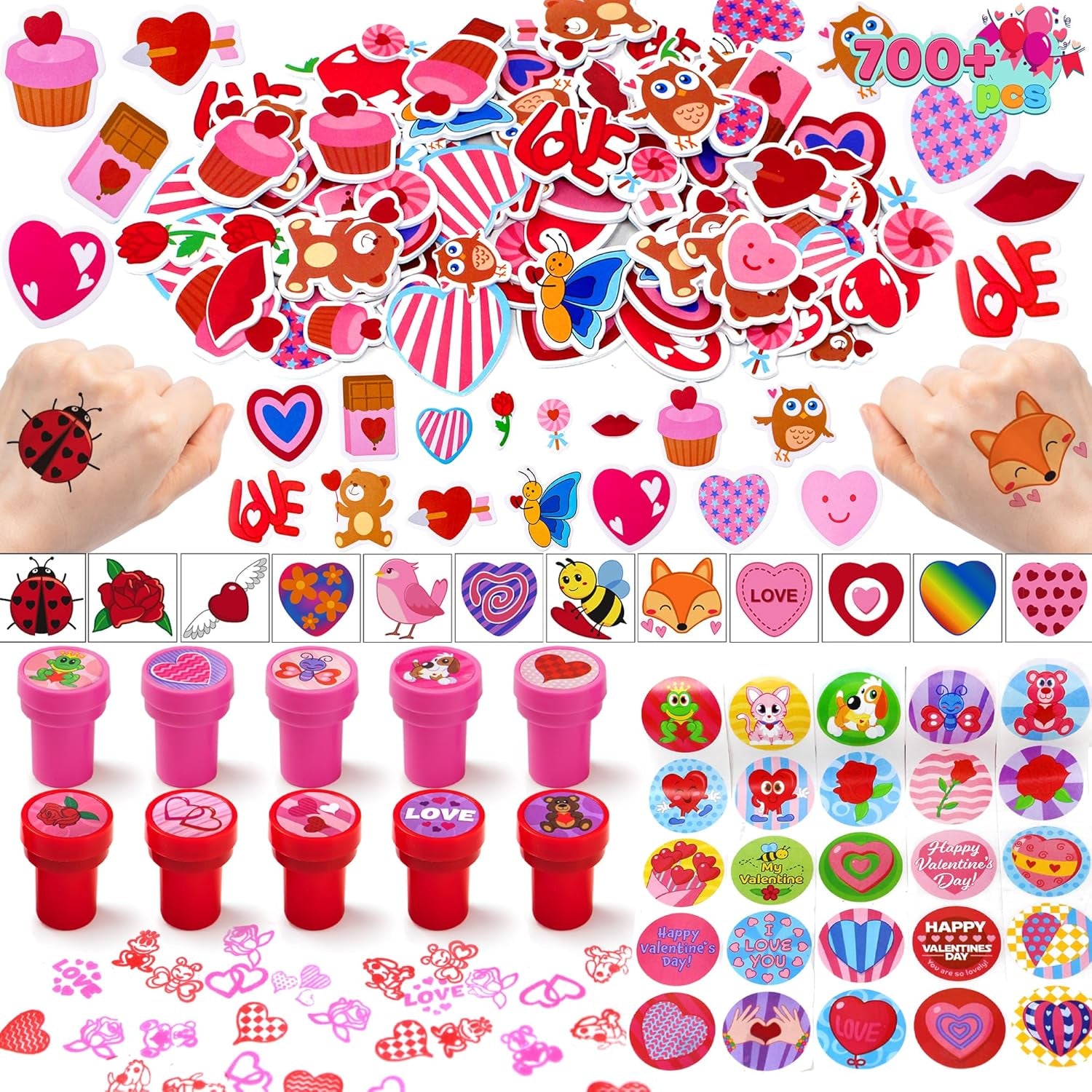 700+ Pcs Valentines Day Party Favor Supplies Craft Set, Foam Stickers for Kid, Tattoos, Stampers & Stickers for Decorations, Photo Props, School Classroom Holiday Exchange Game Prizes, Art Craft