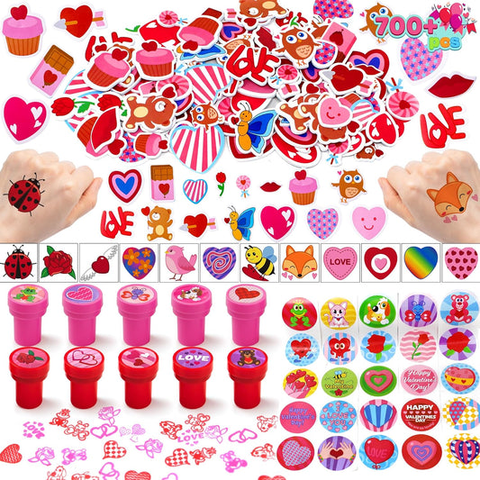 700+ Pcs Valentines Day Party Favor Supplies Craft Set, Foam Stickers for Kid, Tattoos, Stampers & Stickers for Decorations, Photo Props, School Classroom Holiday Exchange Game Prizes, Art Craft