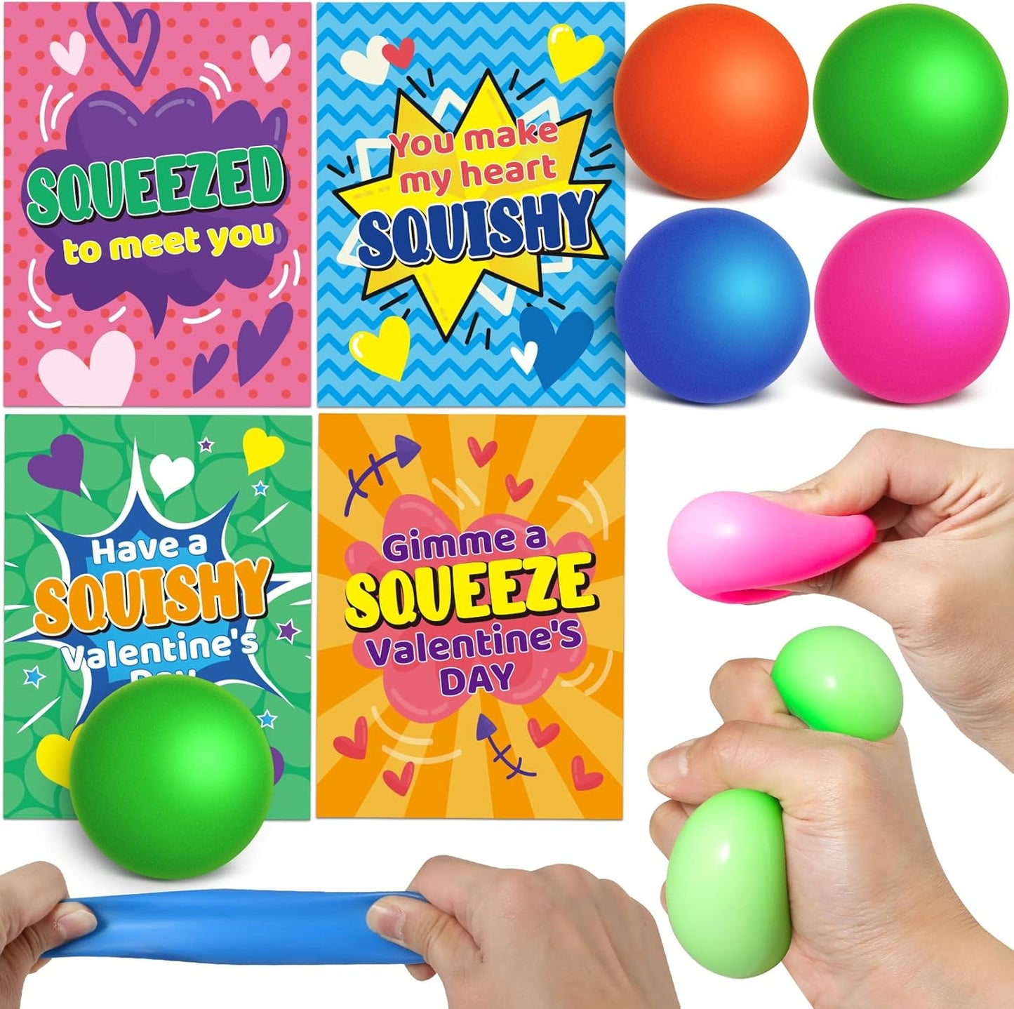 28 Packs Kids Valentine'S Day Greeting Cards with Squeeze Ball Set,Valentine Exchange Cards for Girls Boys School Class Prizes, Stretchy Balls Sensory Squeeze Toys,Bulk,Valentine Party Favor for Kids