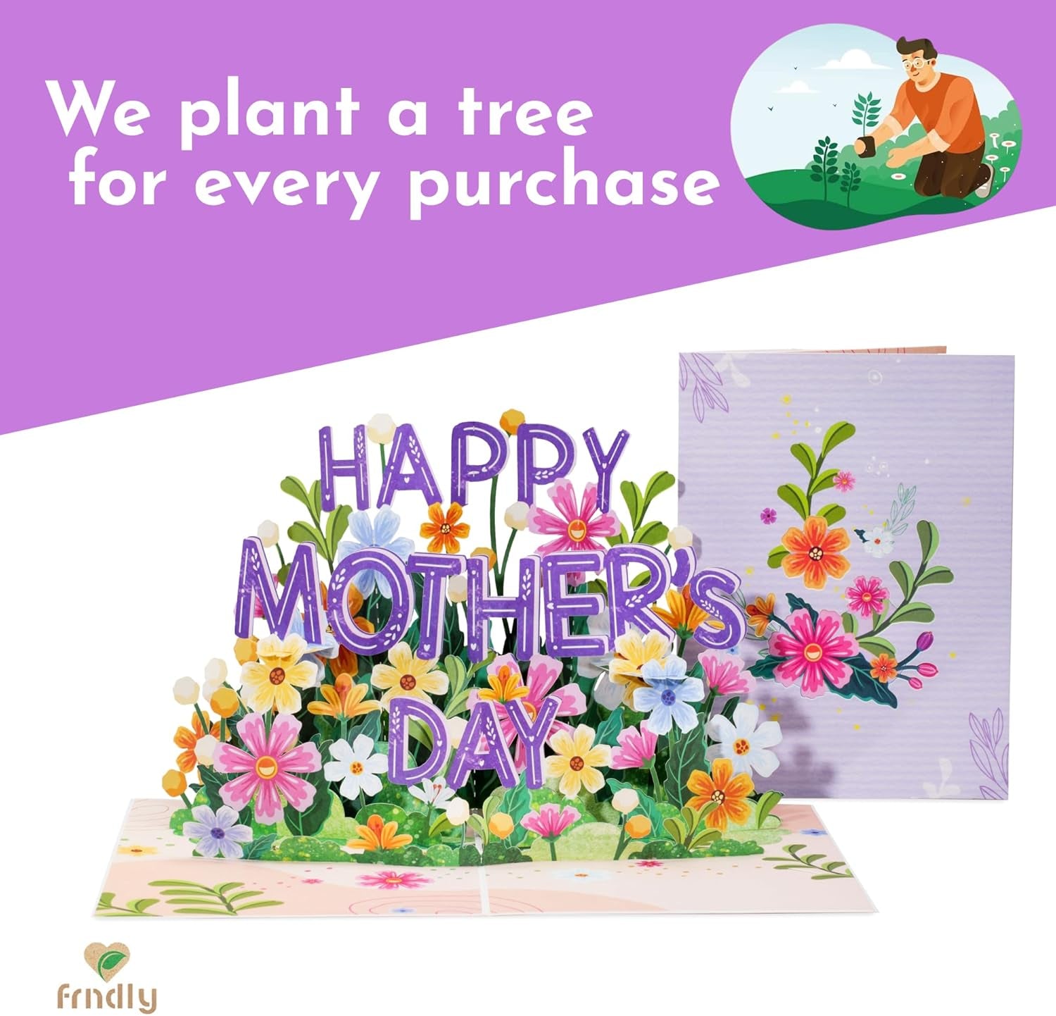 Frndly 3D Happy Mothers Day Pop up Card, Handcrafted - 100% Recycled and Eco-Friendly, 8" X 6" Cover - with Note Tag