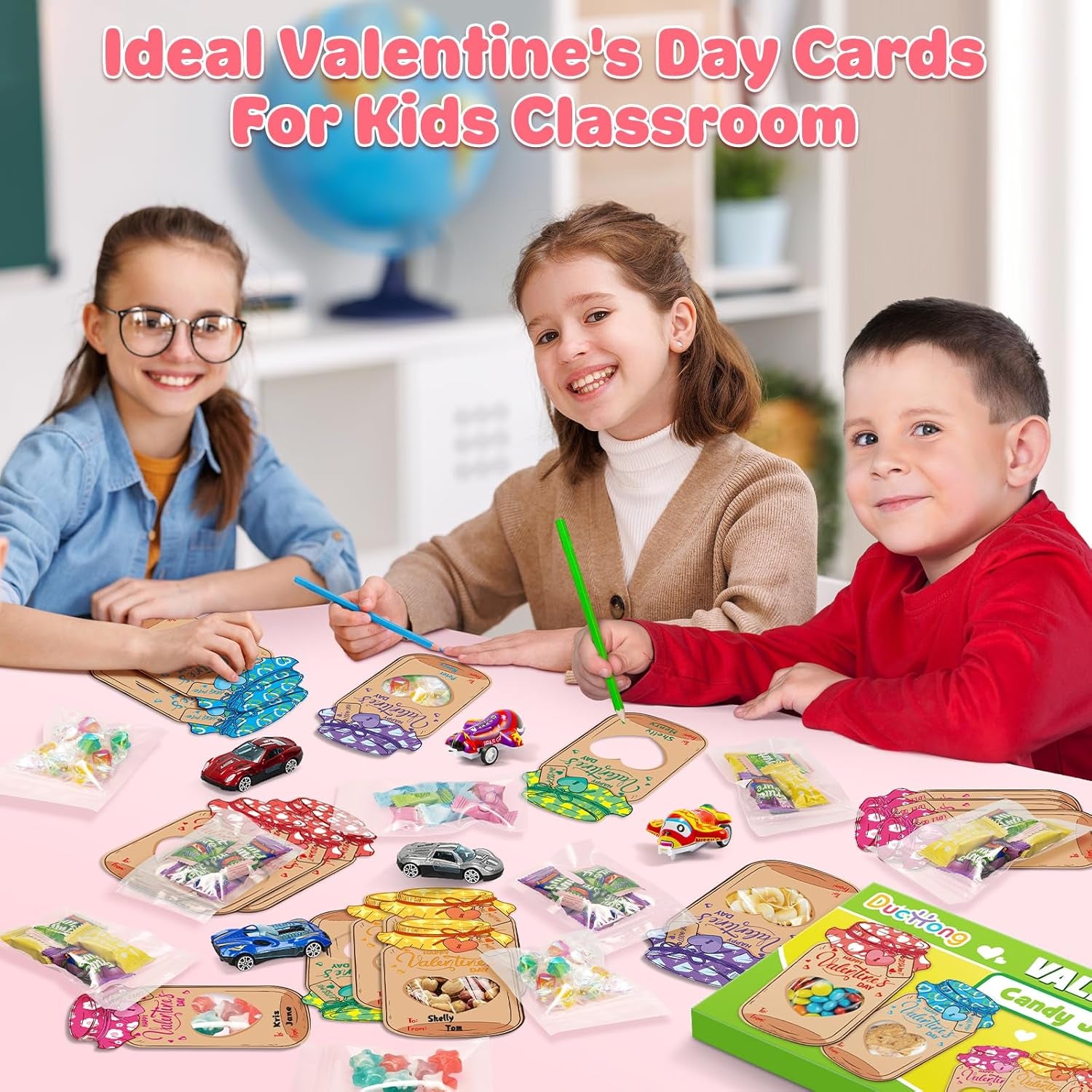 Valentines Day Cards for Kids Classroom, 60 Pack Candy Jar Valentines Greeting Cards with Treat Bag, DIY Valentine Exchange Cards for School, Ideal Valentine Day Gifts for Kids Boys Girls