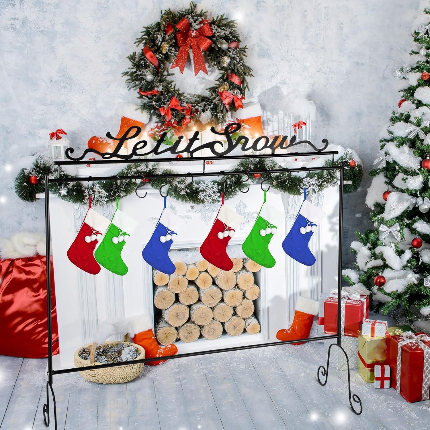 Metal Christmas Stocking Holder Stand with 10 Hooks 33.5 X 30 X 8.3 Inch Heavy Duty Freestanding Holder Merry Christmas Stocking Holder for Floor Holiday Garland(Let It Snow)