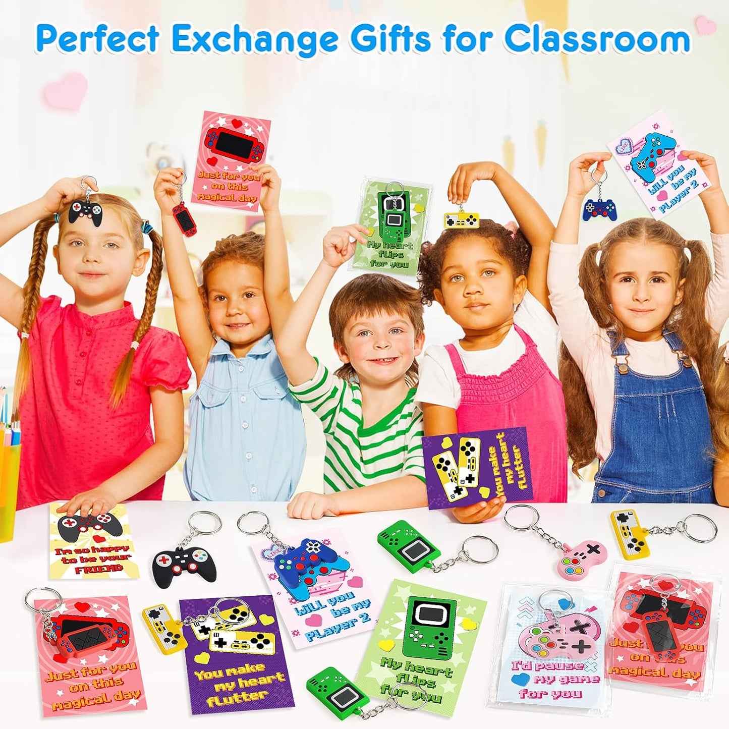 Valentines Gifts Cards for Kids Classroom, 30 Pack Game Console Keychain with Cards, Valentines Day Exchange Prizes for School, Valentines Party Favors, Valentines Day Gifts for Kids