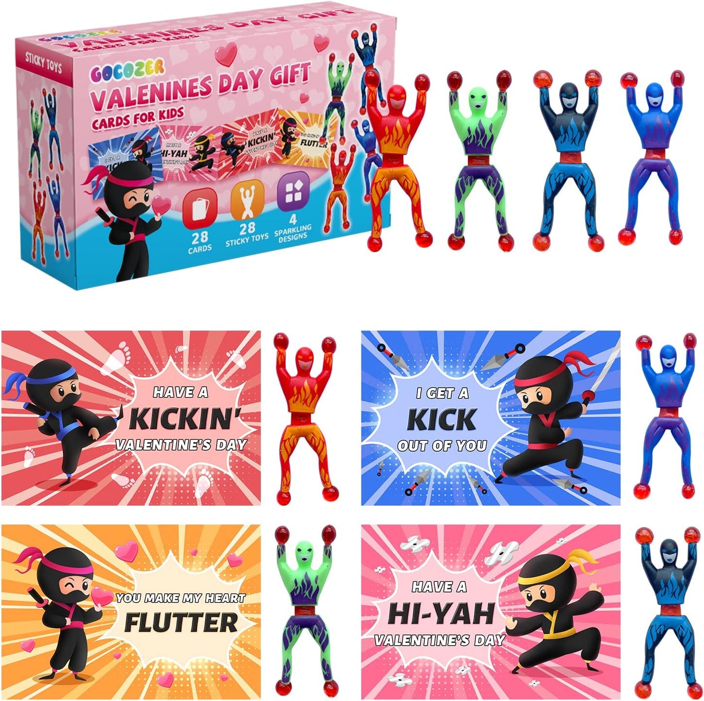 Valentines Day Gifts for Kids, 28 Pack Ninja Sticky Stress Relief Tricky Toys with Valentines Greeting Cards for Kids Classroom, Kids Valentines Exchange Gifts Ideas Preschool Valentine Gifts Favors