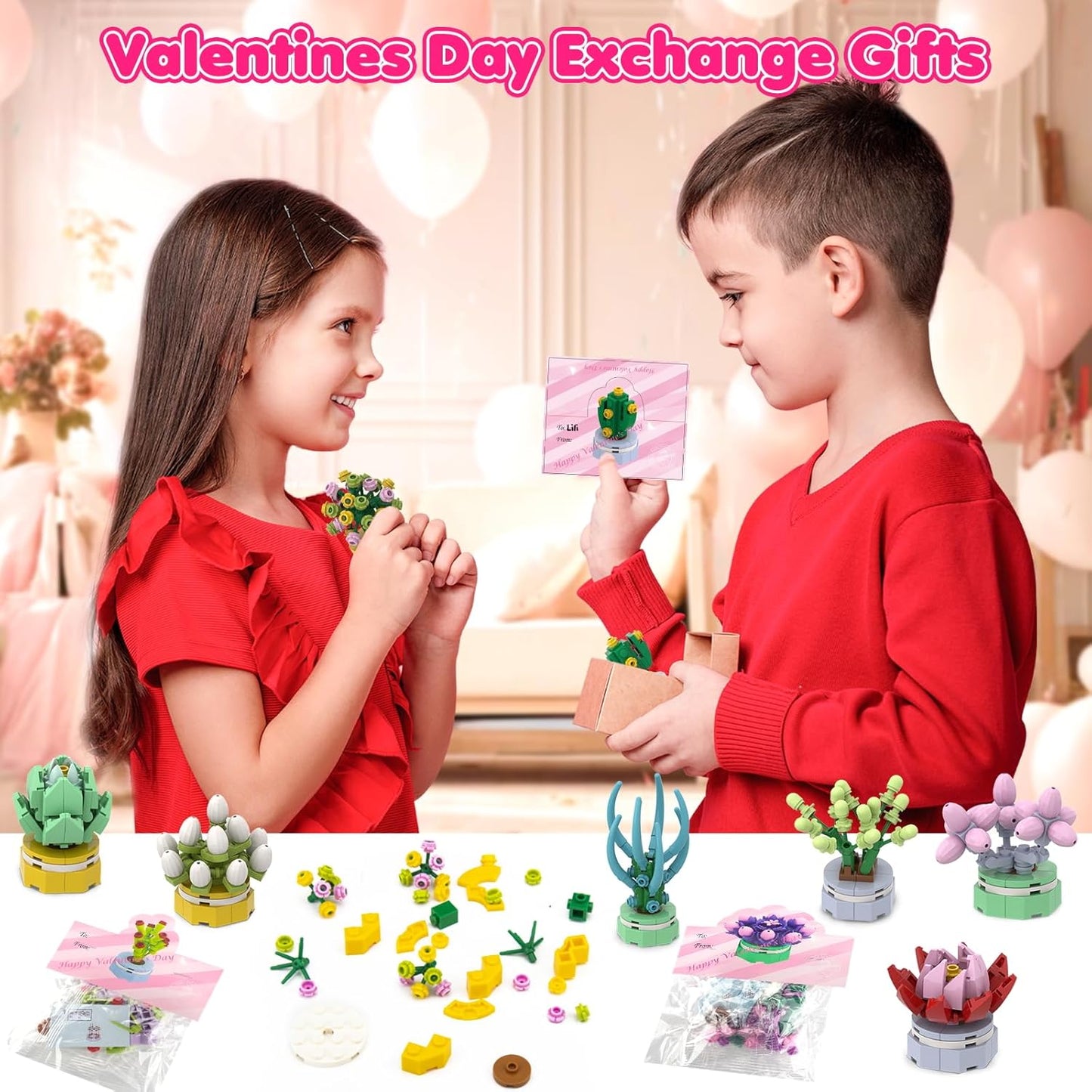 24 Pack Valentines Day Gifts for Kids - Valentines Day Cards for Kids School Classroom with Building Blocks Succulent, Class Exchange Cards for Girls Boys, Valentines Goodie Bag Fillers Party Favors