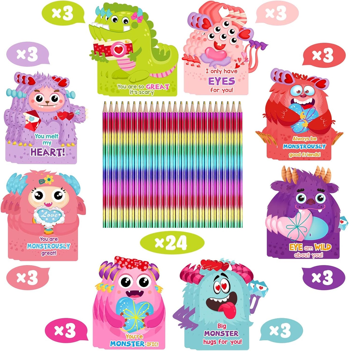 24 Pack Valentines Cards with Rainbow Pencil Valentines Day Cards Pencils Valentine Cards Party Favor for Girls Boys School Classroom Exchange Gifts Prizes Supplies(Monster)