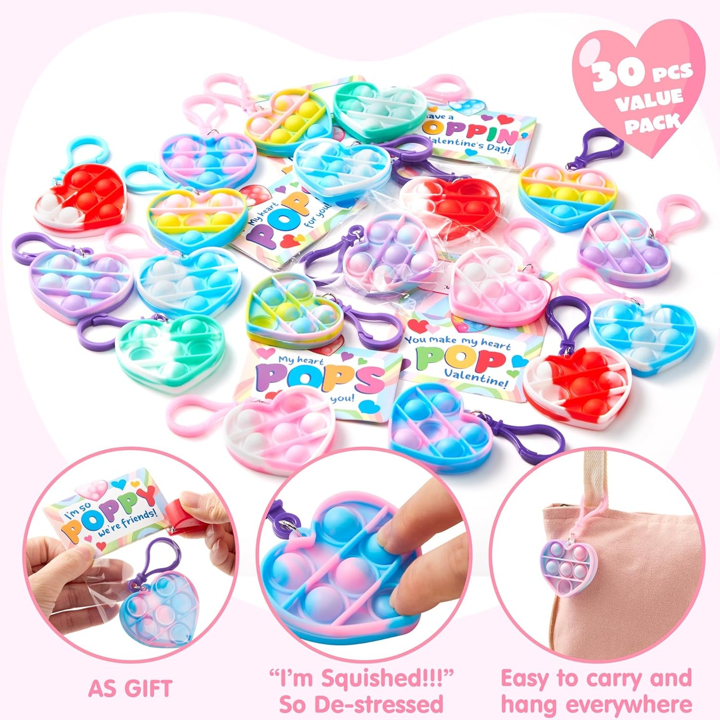 30 Packs Valentine’S Day Gift Cards with Heart Pop Bubble Keychain, Mini Pop Squeeze Toys, Stress Relief Fidget Toys for Kids Valentine'S Party Favors, Classroom Exchange and Game Prizes