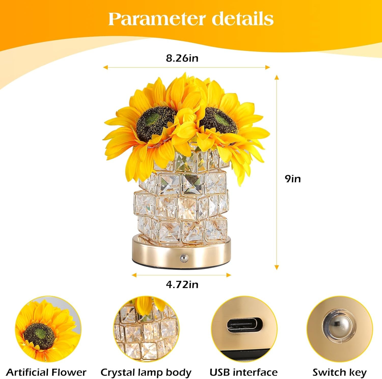 Sunflowers Flower Lamp,Rechargeable Cordless Touch Table Lamp,3-Colour Infinitely Dimming Battery Powered Small Night Light,Gifts for Women Mom for Valentine Day,Mothers Day,Xmas,Birthday