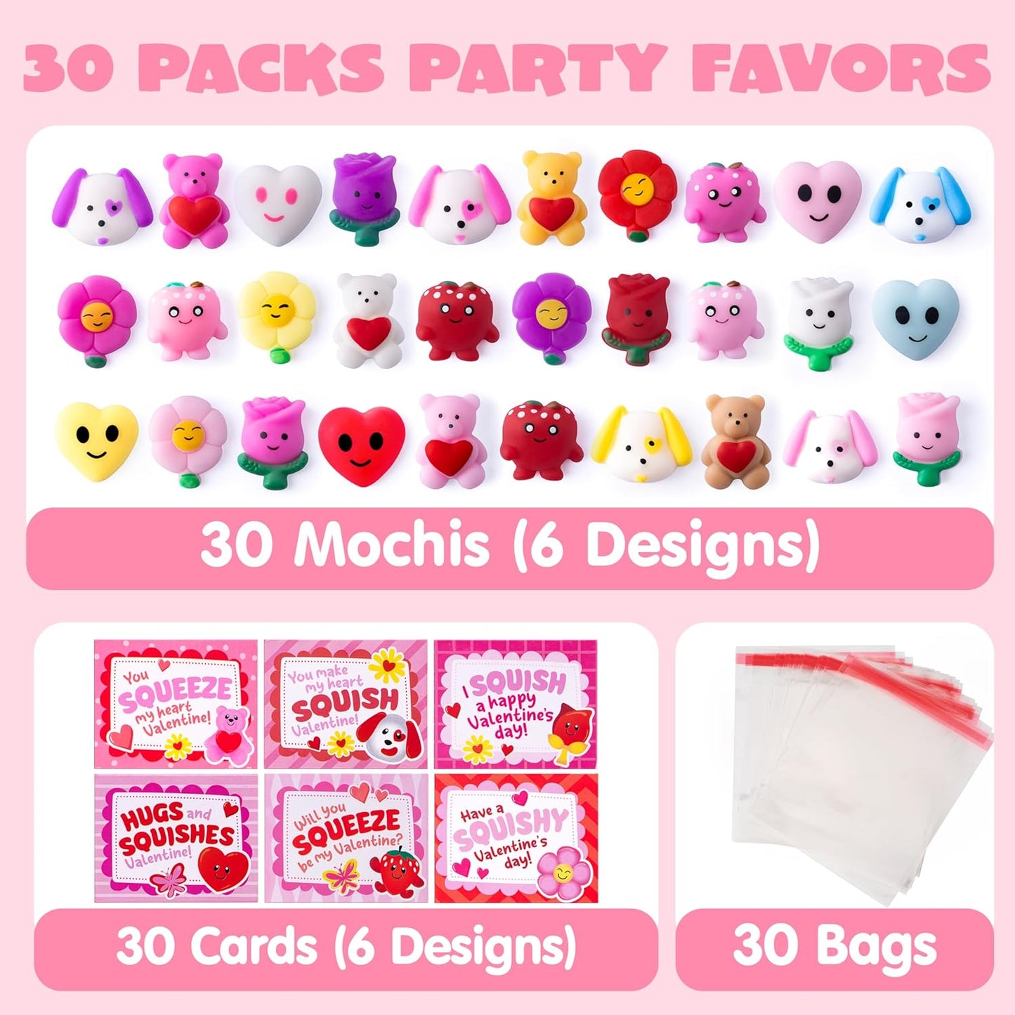 30 Packs Valentine’S Day Gift Cards with Mochi Squishy Toys, Kawaii Squeeze Toys with 6-Design Hangers, Stress Relief Fidget Toys for Kids Valentine'S Party Favors, School Classroom Exchange