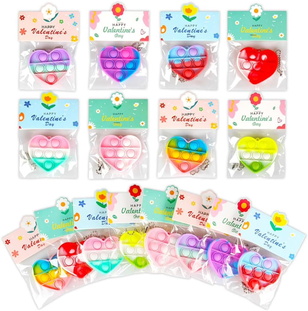 32 Pack Valentine'S Day Heart-Shaped Pop Fidget Toys for Kids, Classroom Bulk Gifts with Keychains & Cards, Perfect for School Party & Class Exchanges