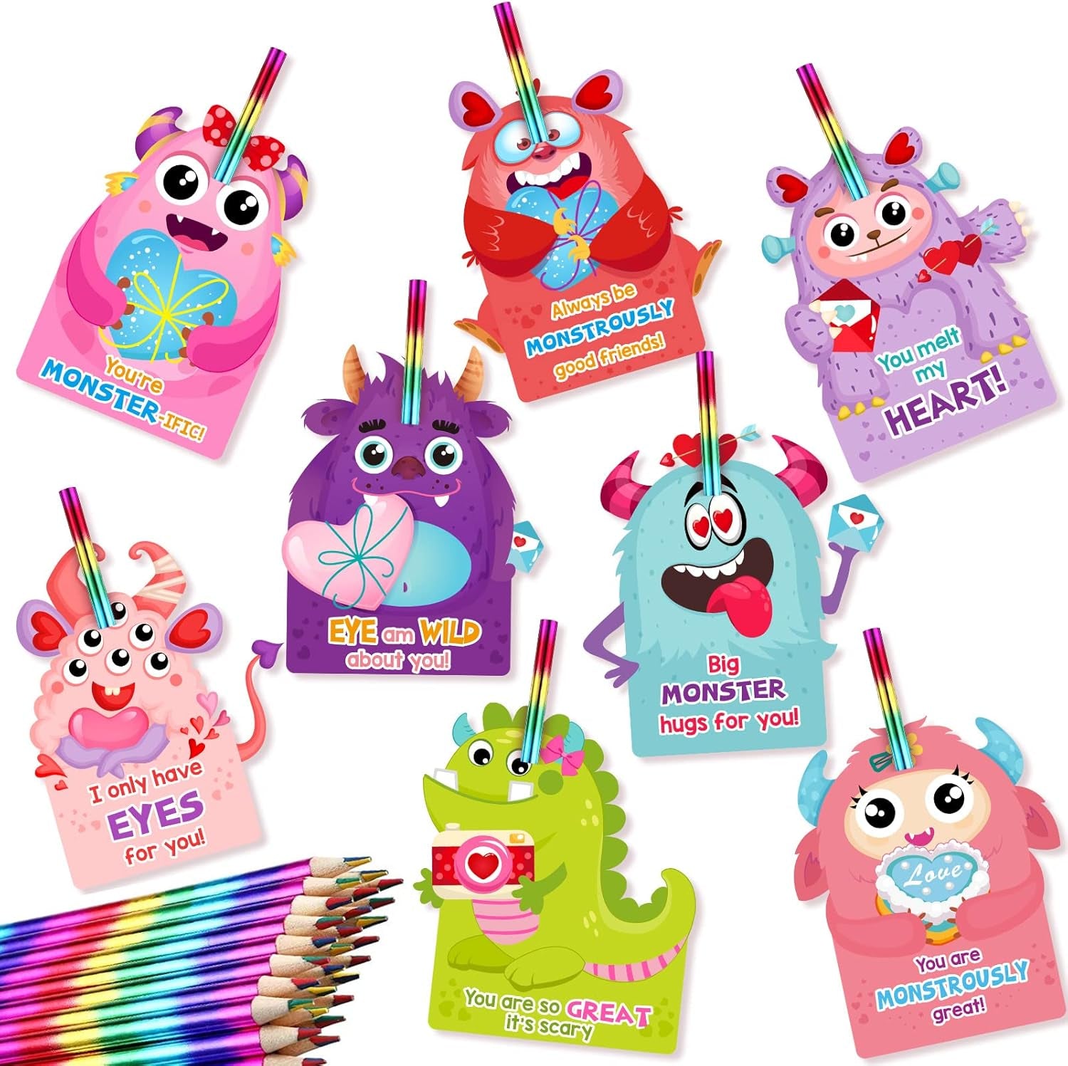 24 Pack Valentines Cards with Rainbow Pencil Valentines Day Cards Pencils Valentine Cards Party Favor for Girls Boys School Classroom Exchange Gifts Prizes Supplies(Monster)