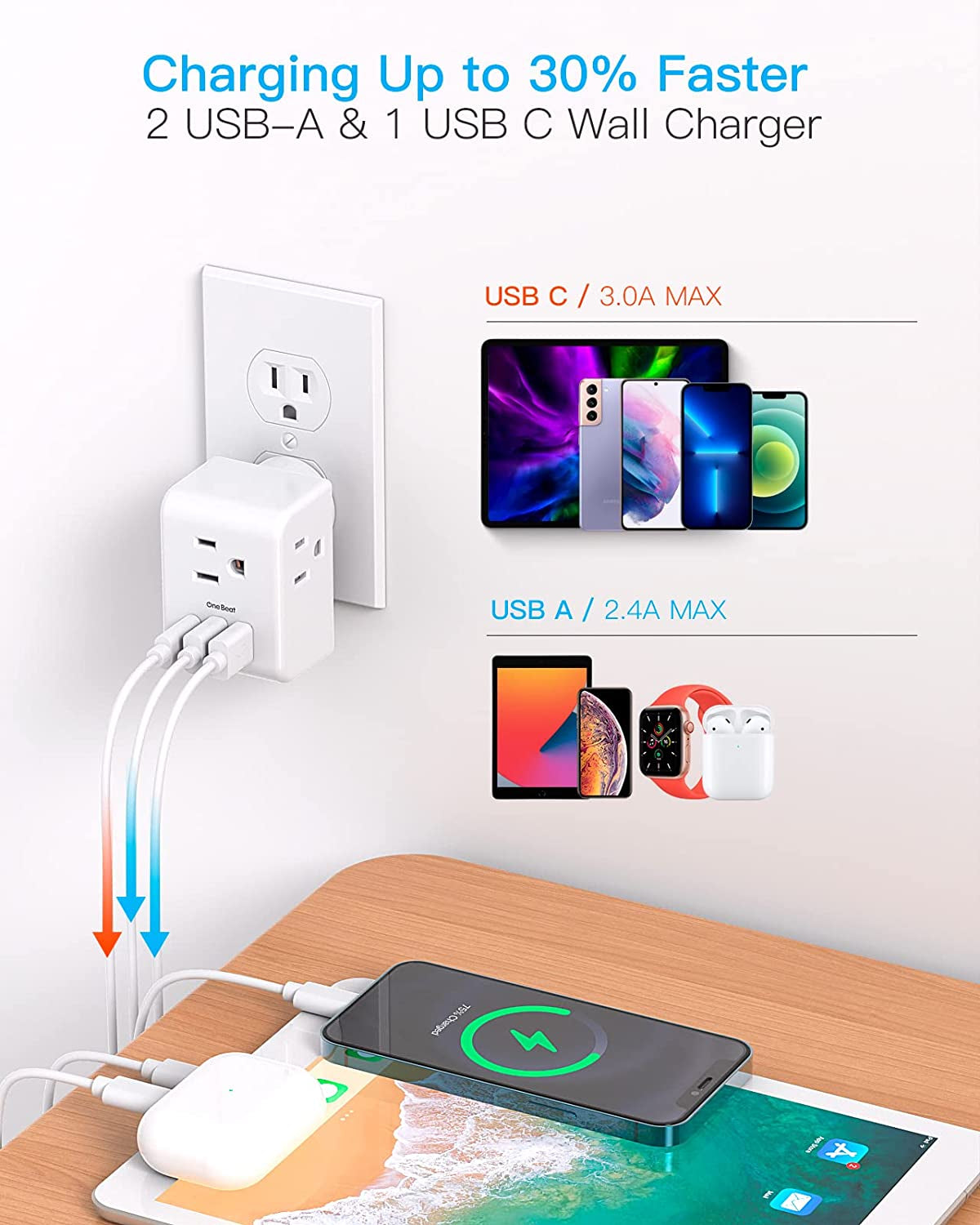 Multi Plug Outlet Extender, Power Strip Non Surge Protector Electric Outlet Splitter with 3 USB Wall Charger (1 USB C), Multiple Outlet Expander for Cruise, Dorm, Travel, Home, Office