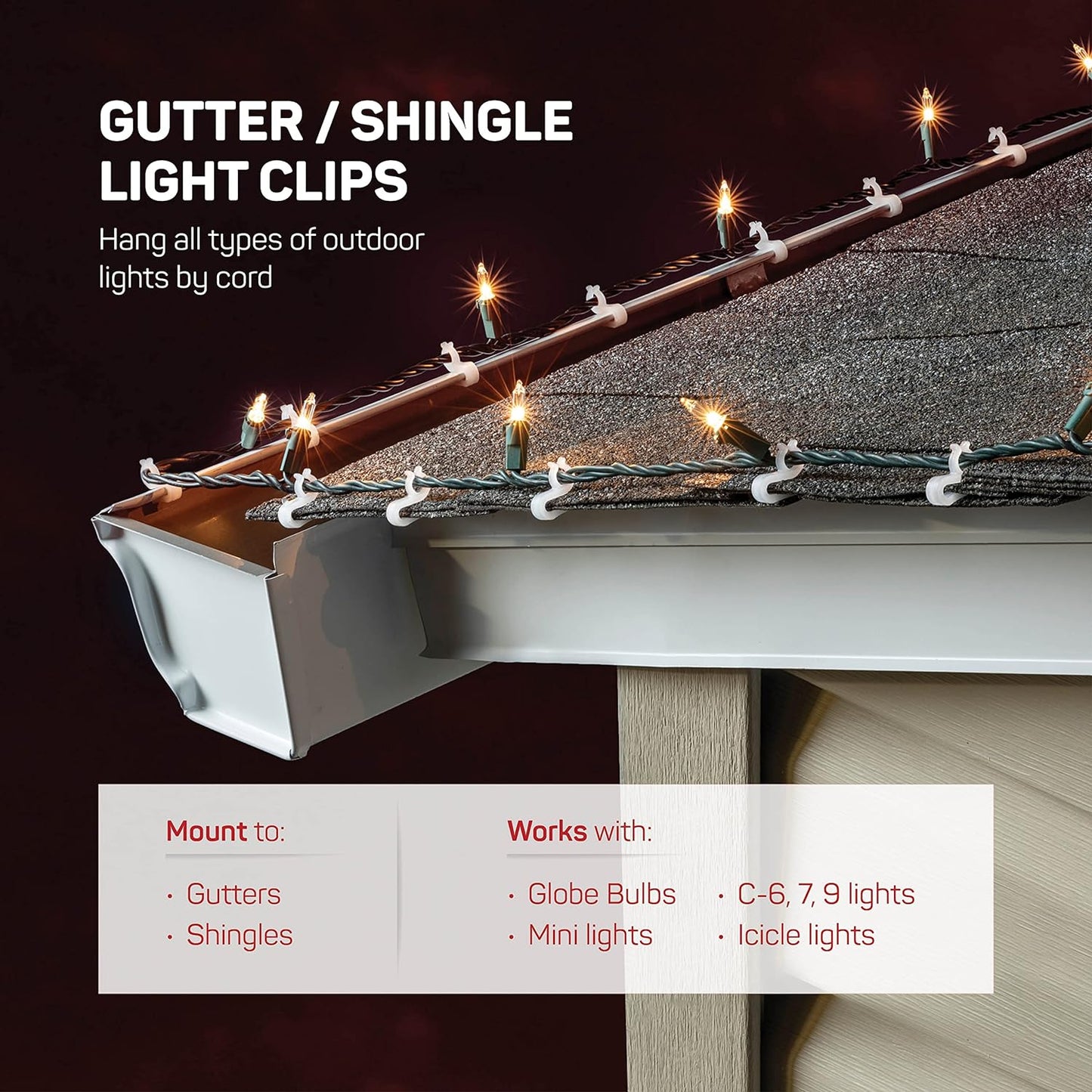 Christmas Light Clips - [Set of 400] Mini Light Clips for Christmas Lights - Light Clips for Gutters - Light Clips for Shingles - Gutter Clips for Hanging Outdoor Lights - USA Made - No Tools Required