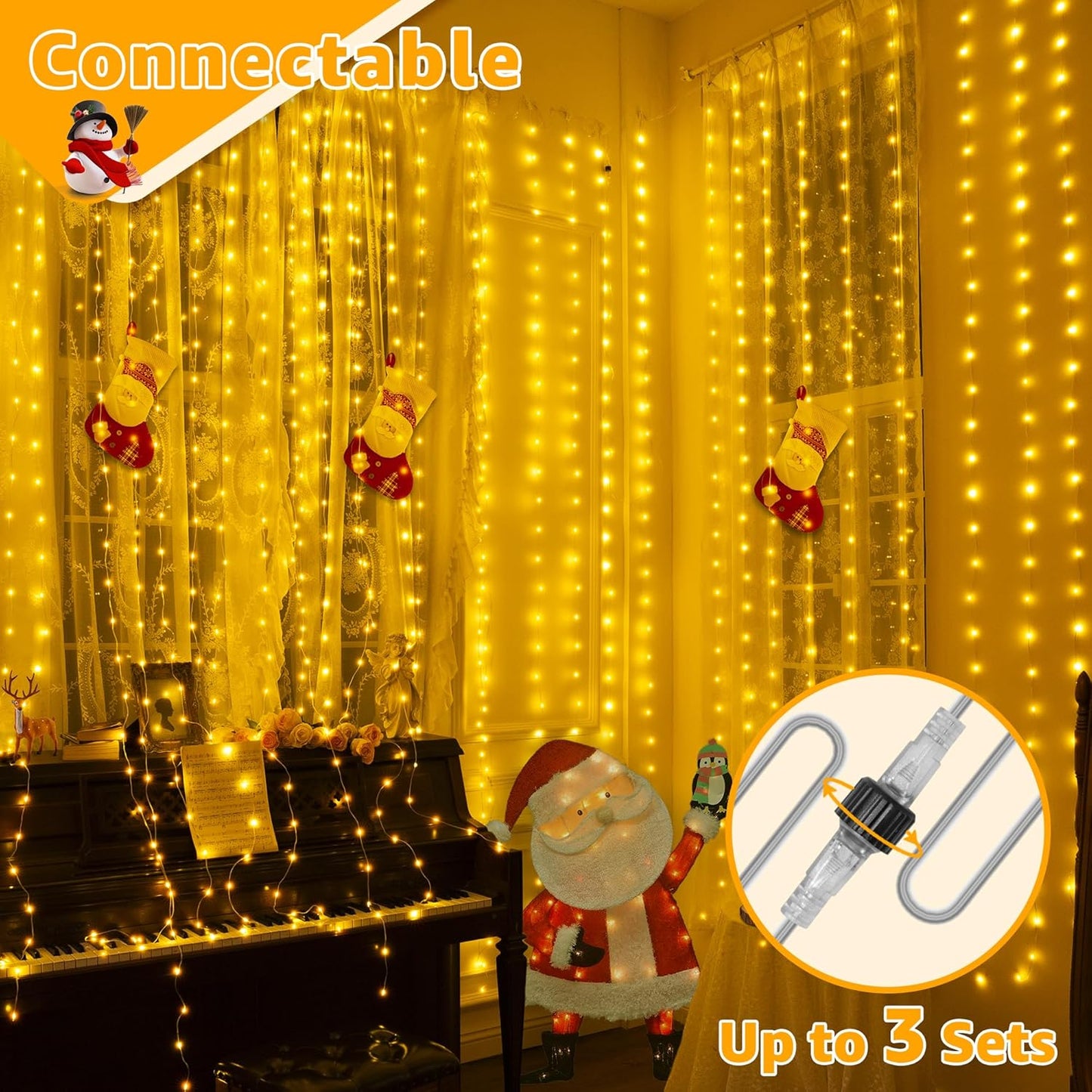 Curtain Lights 300LED 9.8Ftx9.8Ft, Connectable IP67 Waterproof Outdoor Curtain String Lights with Remote, Plug-In Untangle Fairy Lights with 8 Modes 3 Timers for Wall Backdrop Decor(Warm White)