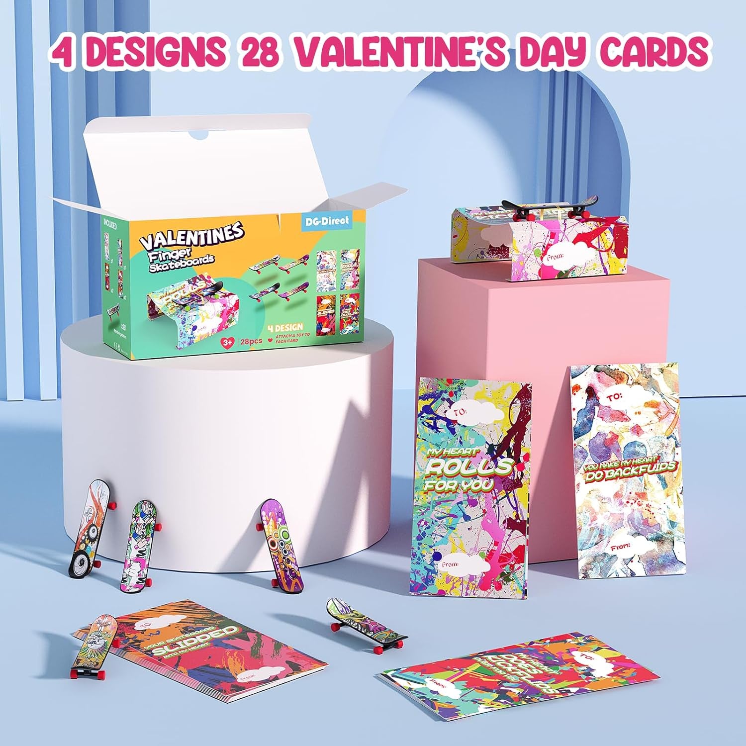 28 Packs Valentine'S Day Cards with Finger Skateboards Toys, Kids Valentine Party Favor, Valentine'S Day School Classroom Prizes, Valentine Exchange Gift (Finger Skateboards)