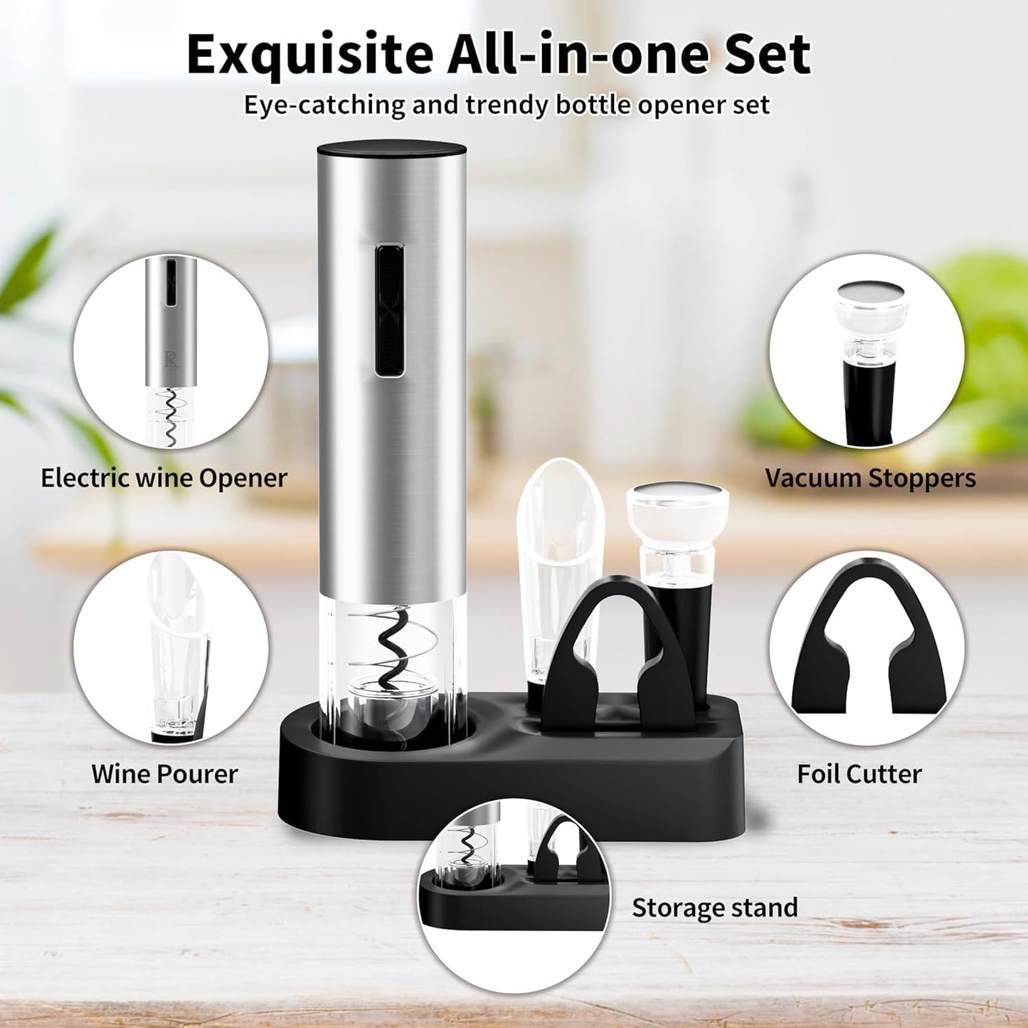 5 in 1Electric Bottle Opener Set, Equipped with Electric Bottle Opener, Foil Cutting Machine, Wine Aerator, Storage Rack, Vacuum Plug, Ideal Christmas Gift.(Silvery)