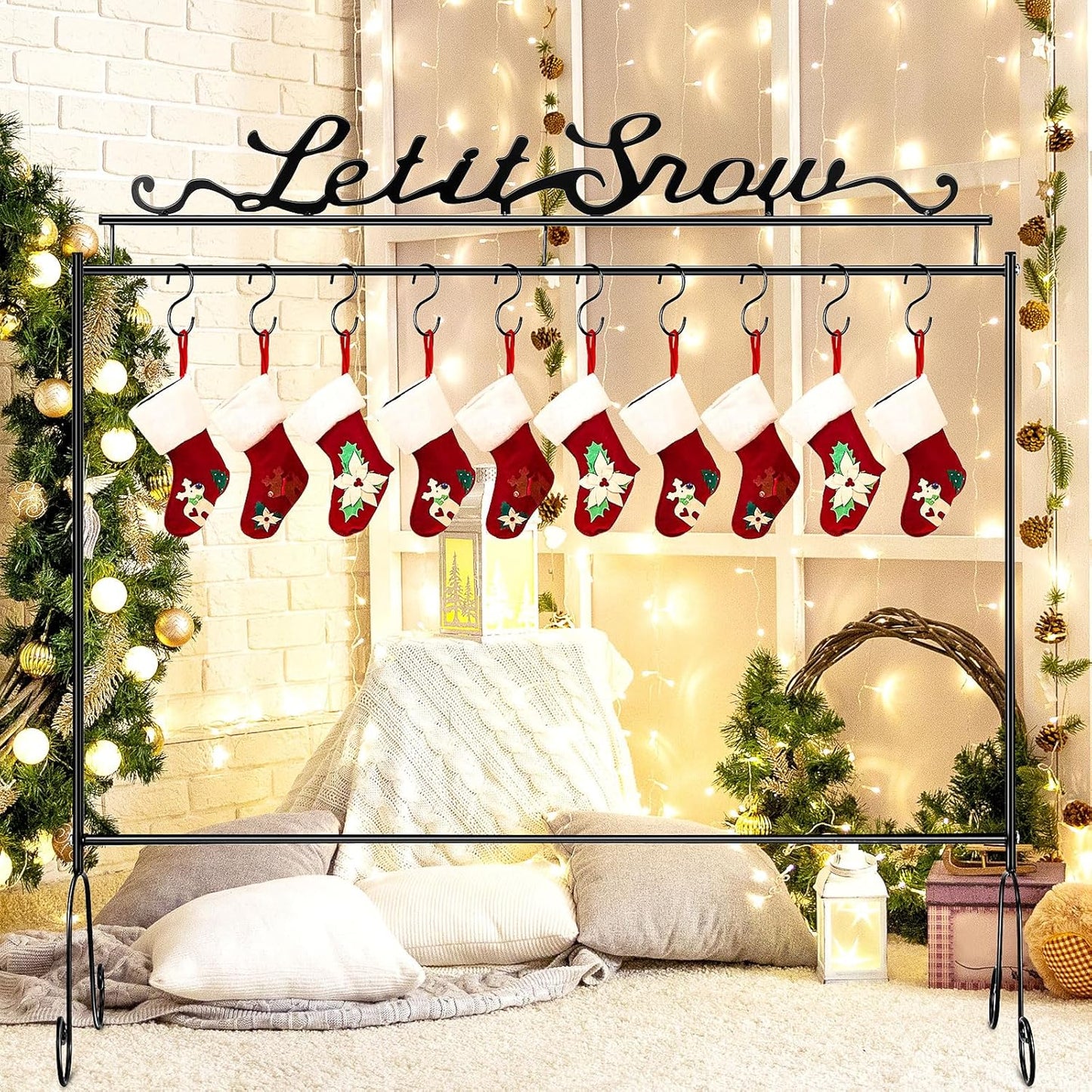 Metal Christmas Stocking Holder Stand with 10 Hooks 33.5 X 30 X 8.3 Inch Heavy Duty Freestanding Holder Merry Christmas Stocking Holder for Floor Holiday Garland(Let It Snow)