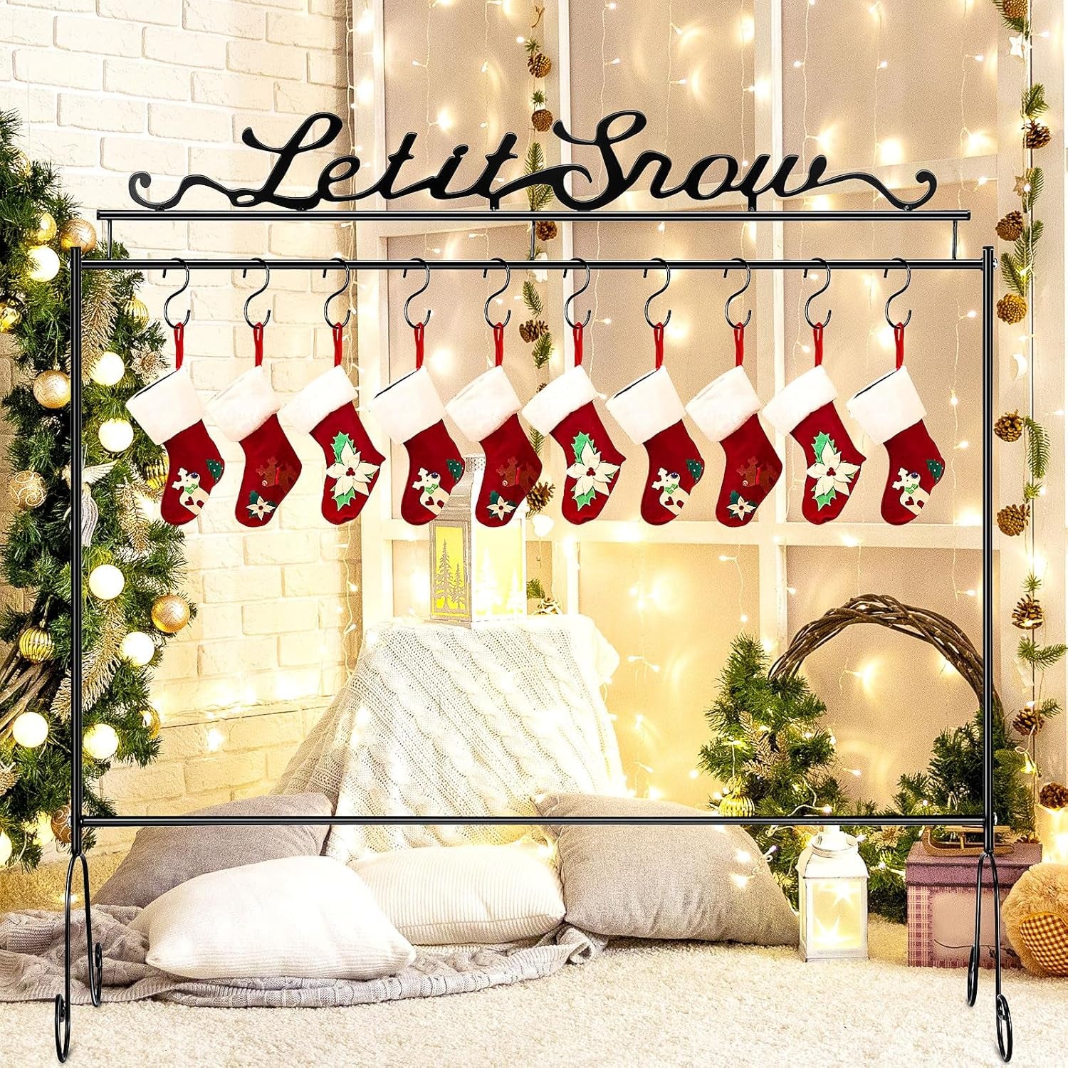 Metal Christmas Stocking Holder Stand with 10 Hooks 33.5 X 30 X 8.3 Inch Heavy Duty Freestanding Holder Merry Christmas Stocking Holder for Floor Holiday Garland(Let It Snow)