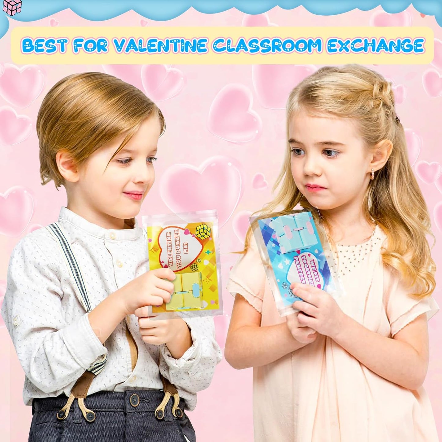 Valentines Day Cards for Kids Classroom,24 Kids Valentine Exchange Cards with Infinity Cube Fidget Toys,Perfect Valentine'S Gifts Exchange,School Class Prizes,Valentine Party Favor Toy for Boys Girls