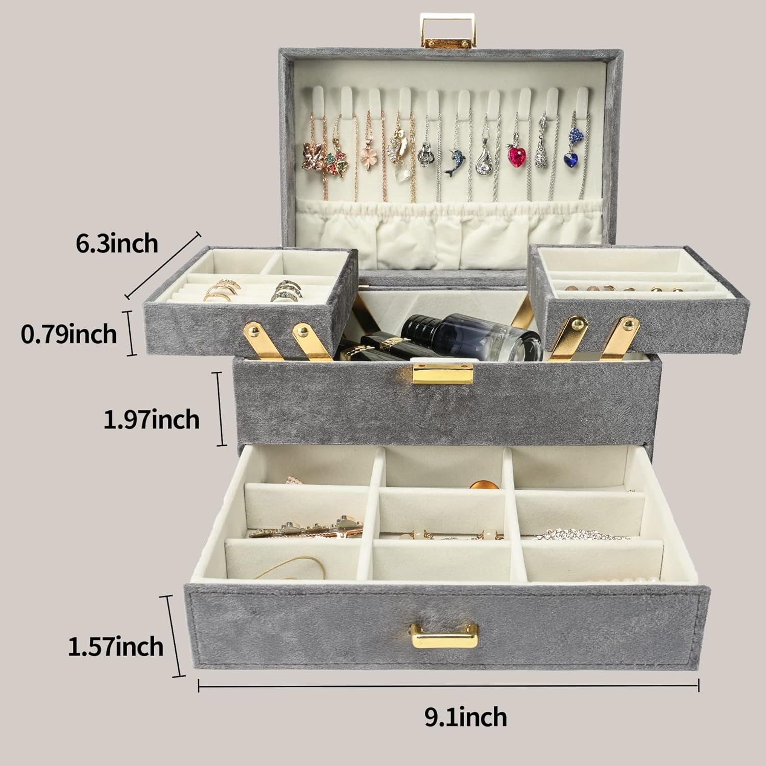 Velvet Jewelry Boxes, Women Jewelry Organizer Box, 3- Layer Large Jewelry Storage Case for Birthday Mother'S Day Valentine'S Day (Grey)