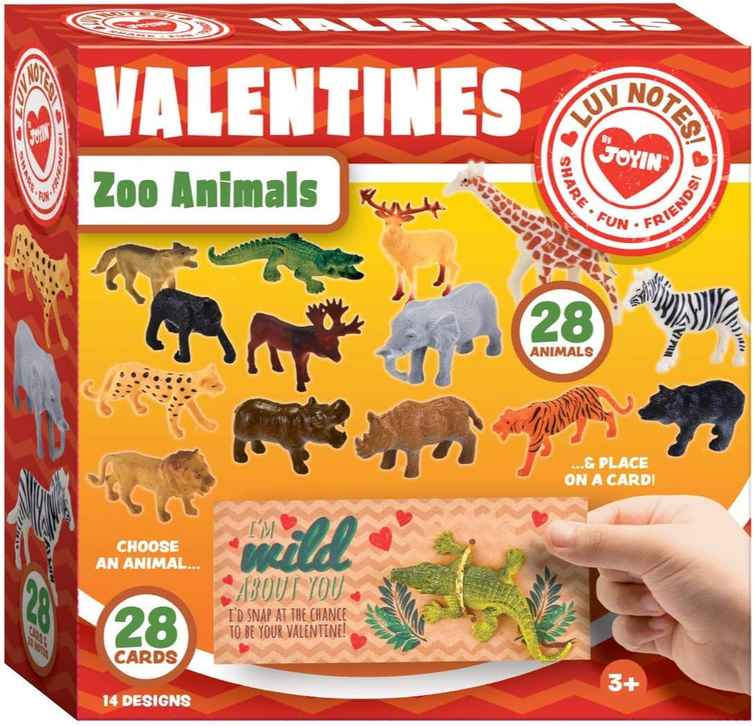 28Pack Valentines Day Gifts Cards with Zoo Animals Figures for Boys Girls, Valentine'S Greeting Cards for Classroom Exchange, Kids Party Favors School Game Prize Toys