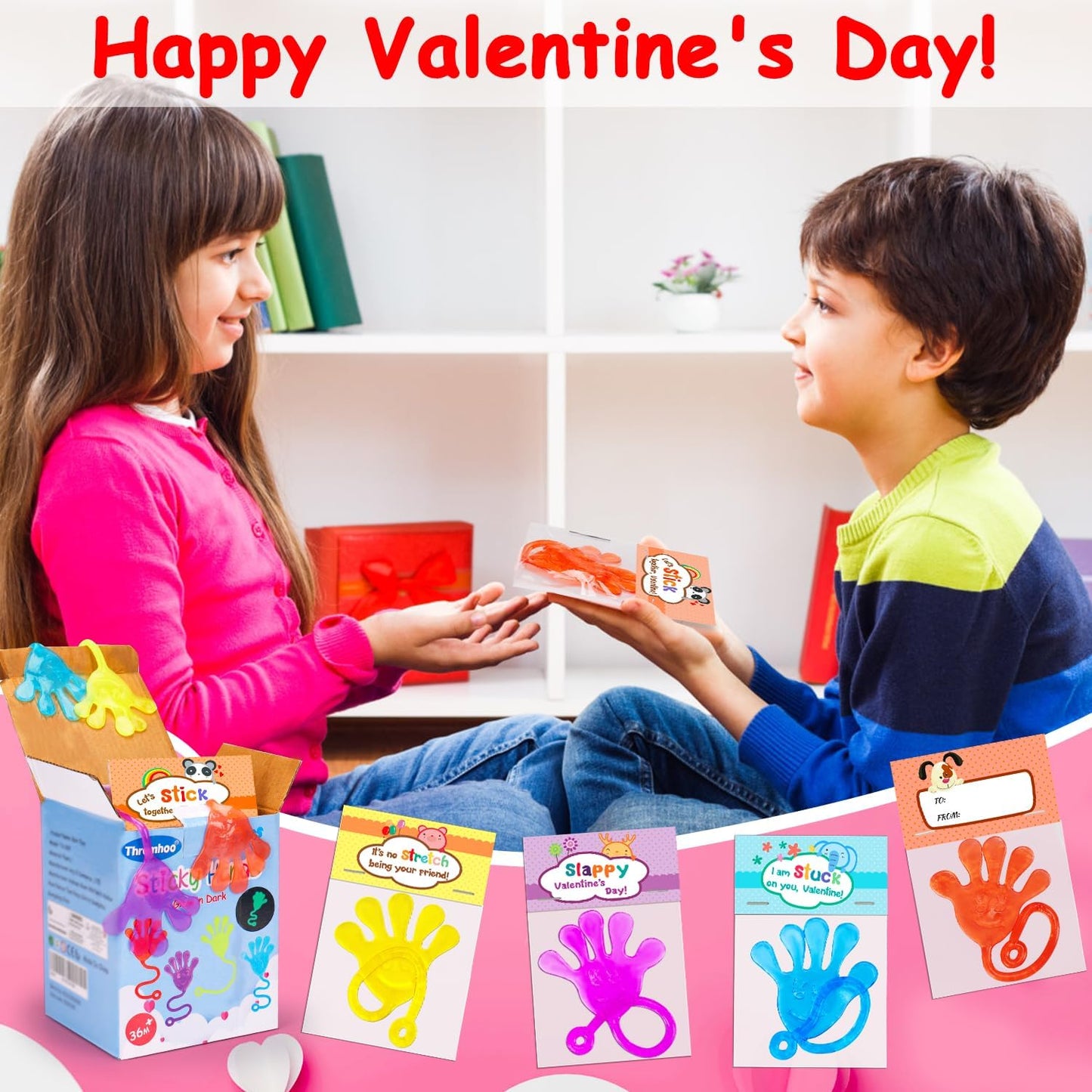 Valentines Day Cards for Kids Classroom Exchange Gifts 28 Pcs Glow in the Dark Sticky Hands Valentine Party Favor Supplies Stuffer Greeting Cards Filler Kids Stretchy Student Class Prize Bulk Toy