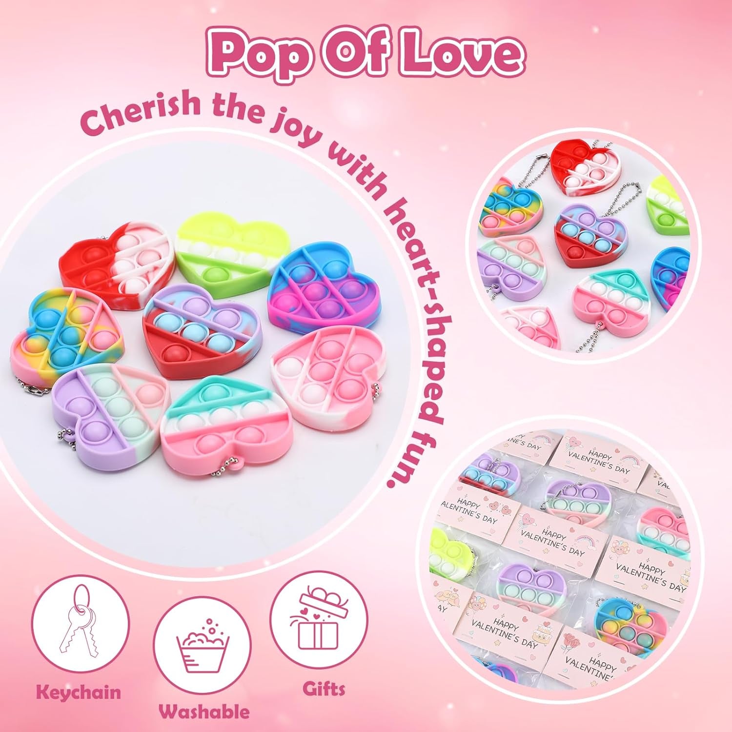 32Pcs Heart Shape Pop Fidget Toy with Valentine'S Day Card for Kids,Valentines School Classroom Exchange Kit for Kids, Party Favor Supplies for Kids