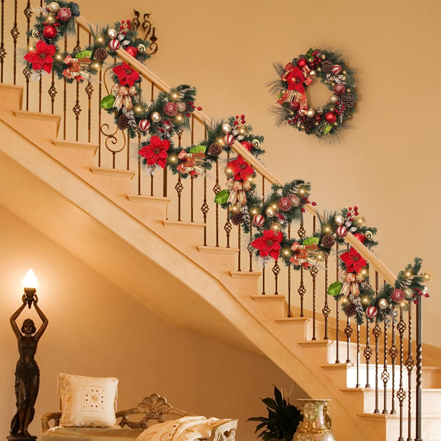 Christmas Lighted Garland, Red and Gold Theme 6FT 20LED Pre-Lit Christmas Garland with Ball Ornaments, Flowers, Ribbons, Pine Cones and Berries for Door Stairs Mantle Christmas Decoration