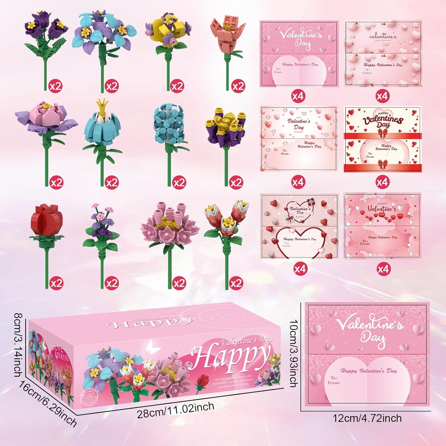 24 Pack Valentines Day Gifts for Kids Valentines Rose Flower Building Blocks Set with Card Classroom Exchange Prize Party Favor Blocks for Boys and Girls