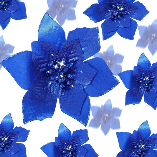 24 Pieces 3 Size Christmas Glitter Poinsettia Flowers Wedding Faux Flowers Christmas Decoration Ornaments for Christmas Tree New Year Home Outdoor Decoration (Royal Blue,3.2/4/6 Inches)