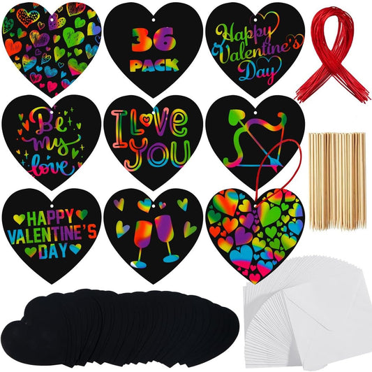 36 Packs Valentines Day Gifts Cards for Kids Magic Color Scratch Heart Rainbow Scratch Paper Heart Valentine Crafts and Art for Kids Classroom Exchange Create Rainbow Art without Ink