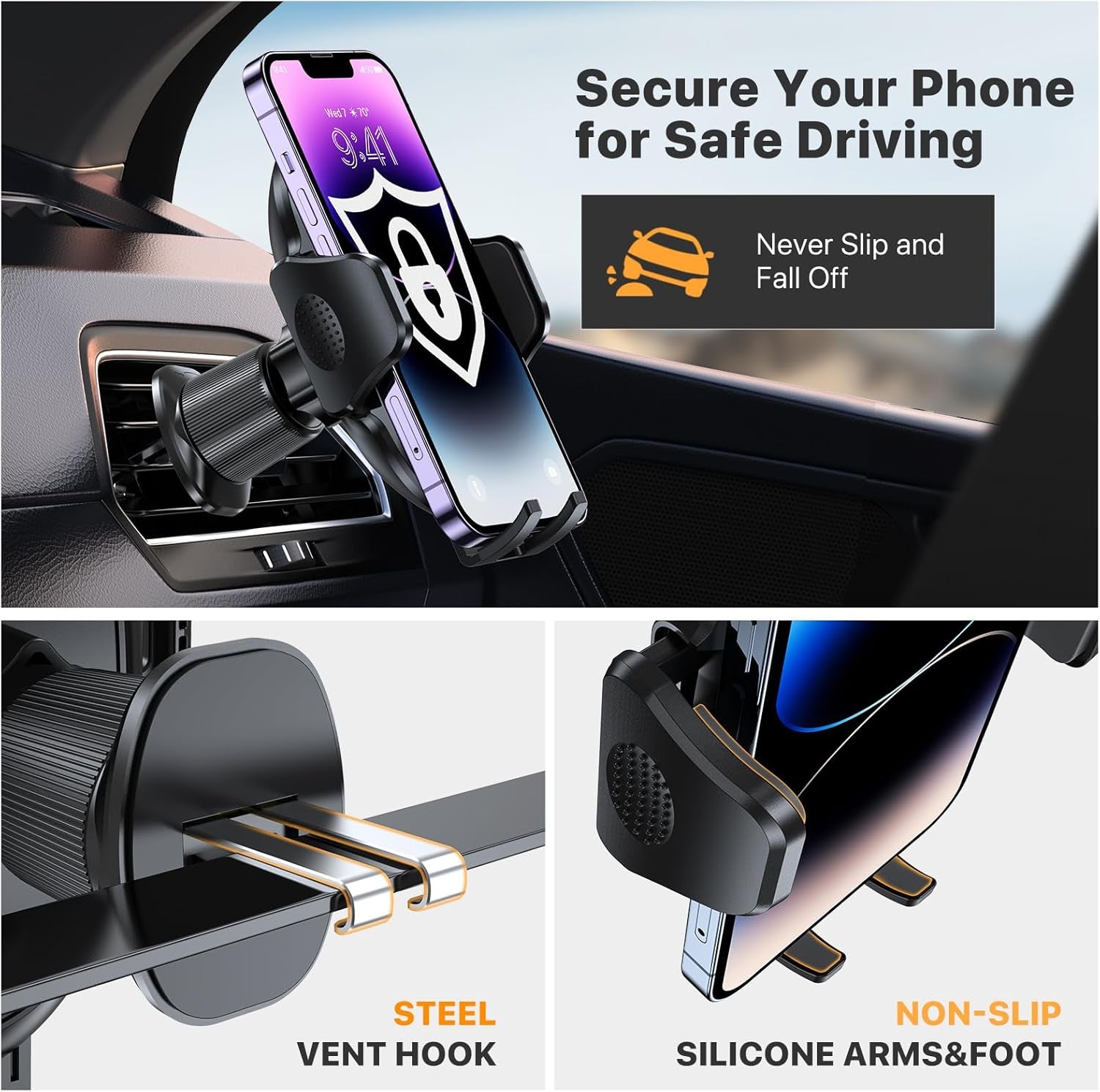 Phone Holders for Your Car with Metal Hook Clip, Air Vent Cell Phone Car Mount, Universal Automobile Cradle Fit for Iphone Android and All Smartphones, Dark Black