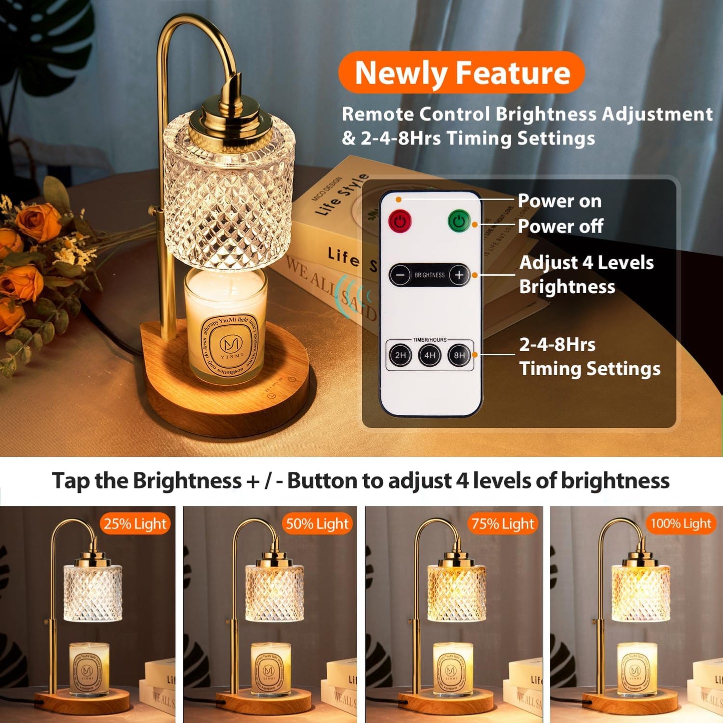 Candle Warmer Lamp, Remote Control & Touch Panel, Latest Upgraded Candle Lamp Warmer with 2-4-8H Timing, 4-Level Dimming, Height Adjustable, 2 Bulbs for Home Decor for Mom