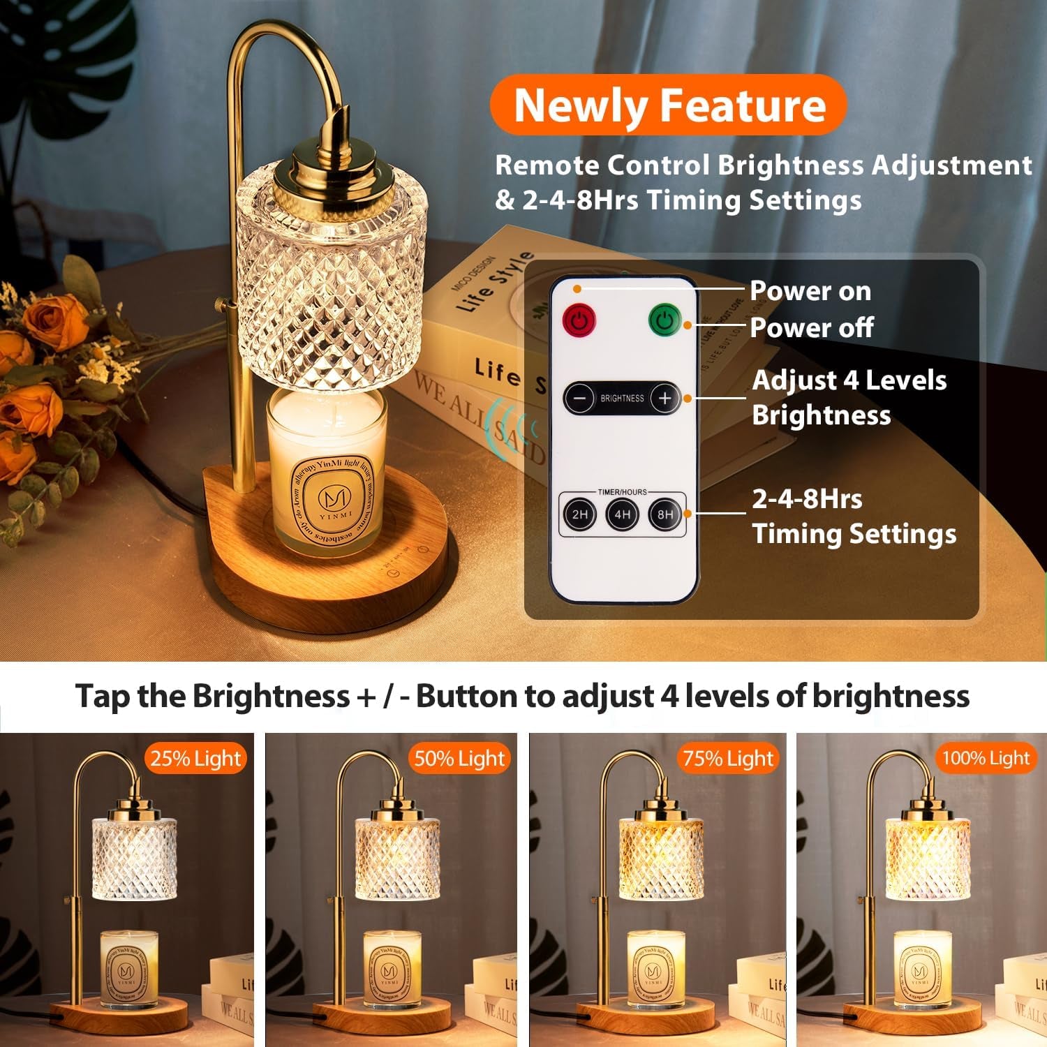 Candle Warmer Lamp, Remote Control & Touch Panel, Latest Upgraded Candle Lamp Warmer with 2-4-8H Timing, 4-Level Dimming, Height Adjustable, 2 Bulbs for Home Decor for Mom