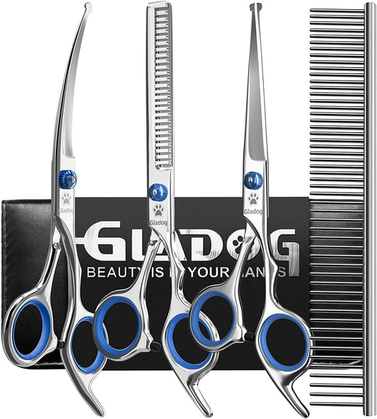 Professional 5 in 1 Dog Grooming Scissors Set with Safety round Tips, Sharp and Heavy-Duty Pet Grooming Shears for Cats