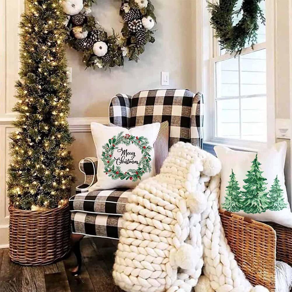 Merry Christmas Wreath Throw Pillow Covers 18X18 Set of 2 Christmas Tree Green Pillow Covers for Sofa Couch Farmhouse Christmas Decorations